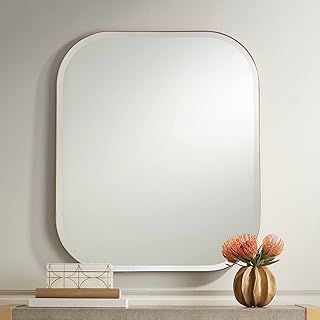 Possini Euro Design Bailey Rounded Corner Rectangular Vanity Decorative Wall Mirror Modern Brushed Gold Stainless Steel Frame Beveled Glass 27