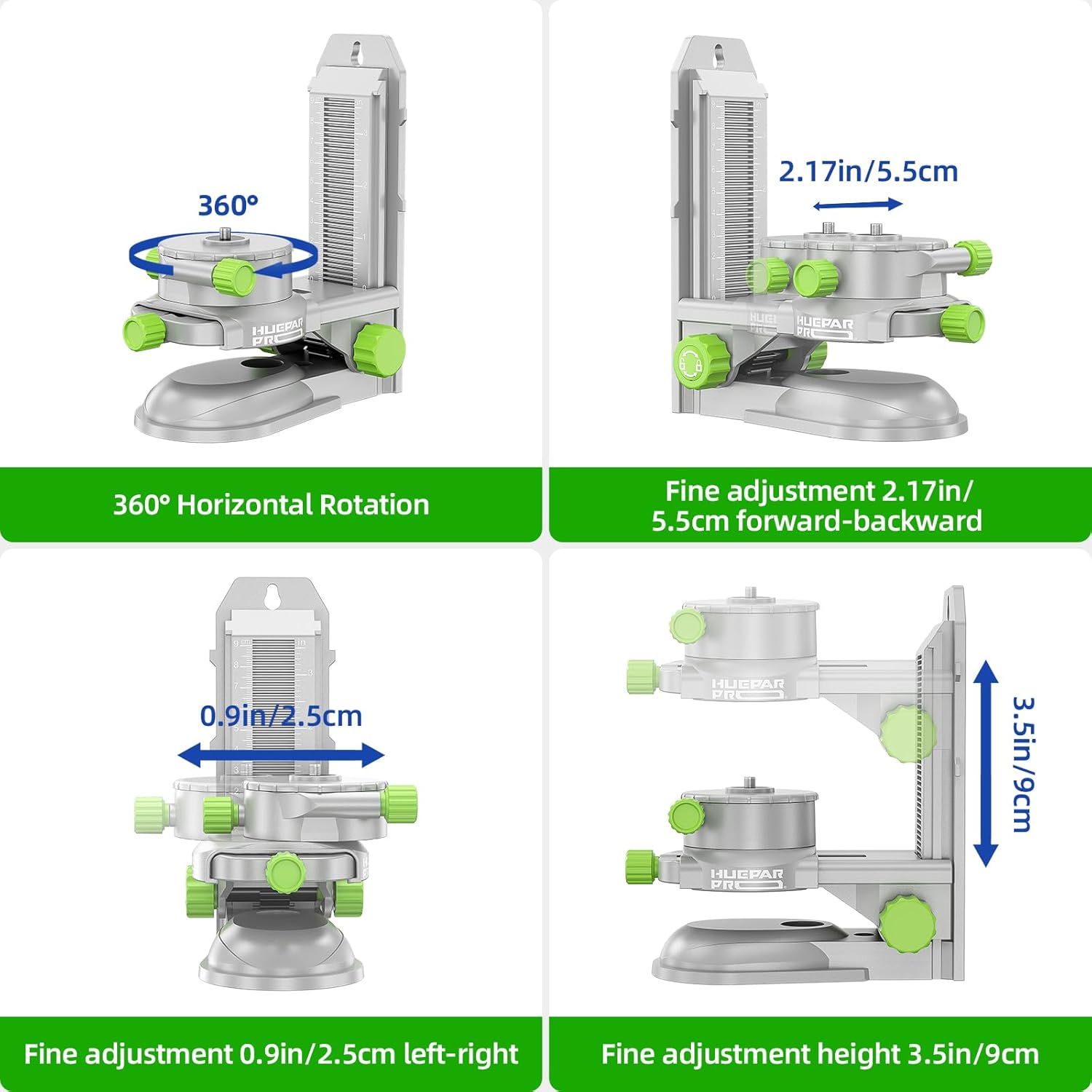 HueparPro Laser Level Self Leveling 3x360° Green Cross Line Tiling Laser Level Tool for Construction and Picture Hanging and Fine-tuning Magnetic Bracket for Laser Level - ZK03DGS & PV10+P