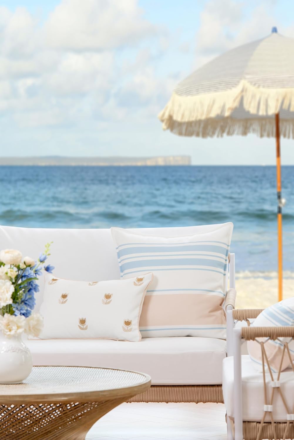 Hofdeco Premium Coastal Patio Indoor Outdoor Lumbar Pillow Cover Only, 12"x20" Water Repellent for Backyard, Couch, Tan Embroidered Tulips Floral with Piping