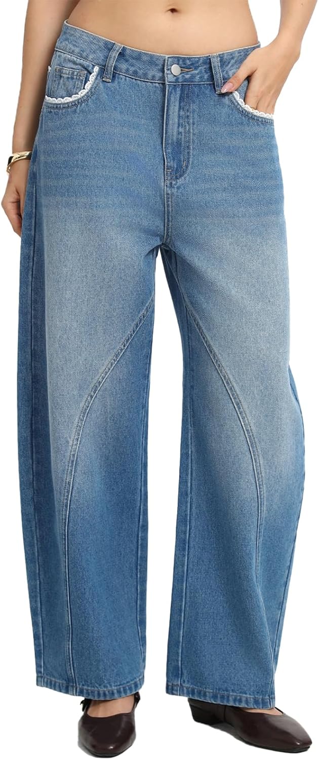 Women's Baggy Barrel Jeans Wide Leg Lace Trim Denim Pants Mid Rise Casual Loose Y2K Vintage Boyfriend Trousers - Image 8
