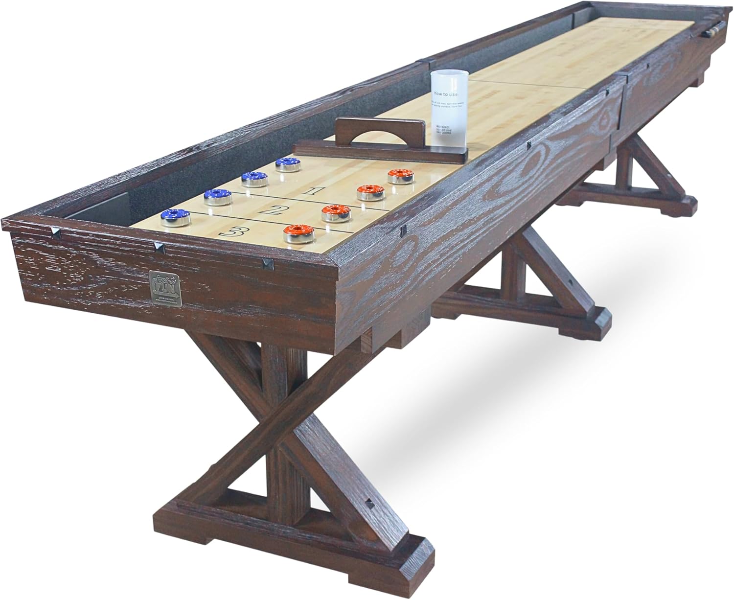 12 FT Solid Wood Shuffleboard Table, Comes in 2 6' Pieces Goes Around Stairs & Hallways, Multi Game Includes Bowling Pin Set & More