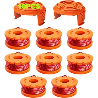 10 Packs Replacement Grass Trimmer Spool Works with Worx All Grass Trimmers with 20 V 1.65 mm Diameter and 3 m Length Thread Spool Includes 8 Packs of Grass Trimmer Thread and 2 Packs of Cap Lid