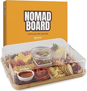 Charcuterie Board with Lid and Handle – Bamboo Travel Snack Tray with 5 Sections and 2 Dip Bowls, 11x14 inches, Covered Portable Cheese Platter for Picnics, Parties, Gifts