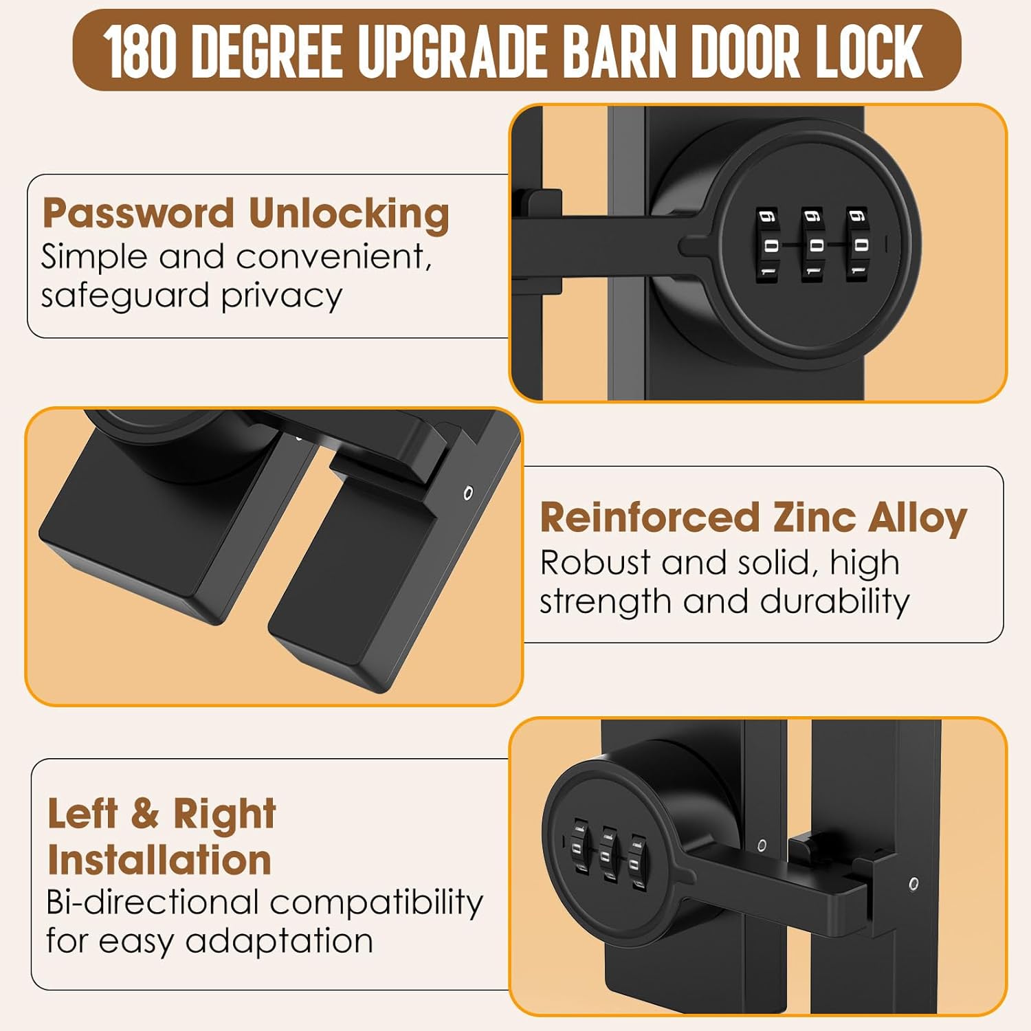 180 Degree Adhesive Barn Door Latch, Cabinet Locks with Combination, Keyless Sliding Flip Latch Door Lock with Glue and Screws for Barn, Closet, Shed, Storage (Black-1pc)