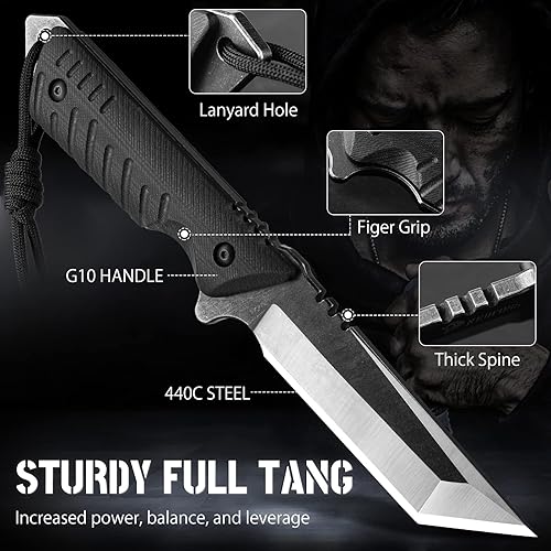 Miniatura 3 de NedFoss Cuchillos tácticos de supervivencia con iniciador de fuego y funda Kydex, cuchillo de mango de acero lavado a la piedra 440C con mango G10,