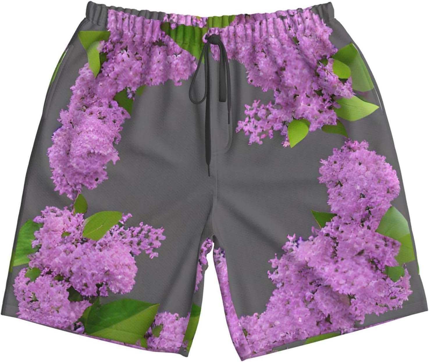 Mens Framing Lilac Flowers in Blossom Print Beach Shorts,Casual Summer Shorts for Men,Quick Dry Polyester