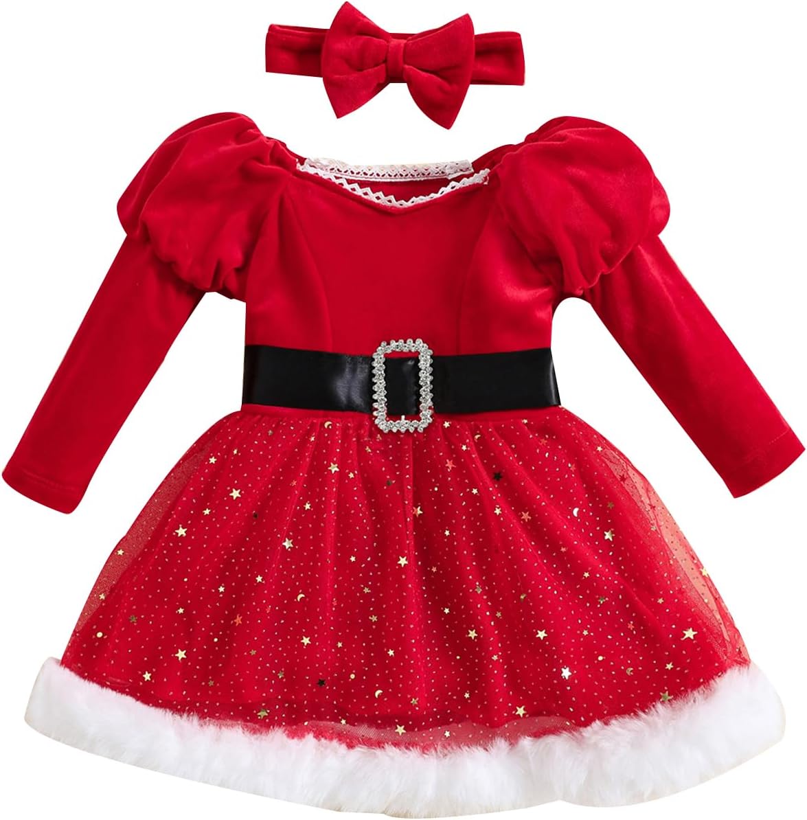 Toddler Baby Girl Christmas Dress Long Sleeve Santa Claus Red Velvet Dress with Headband Outfit Infant Xmas Clothes