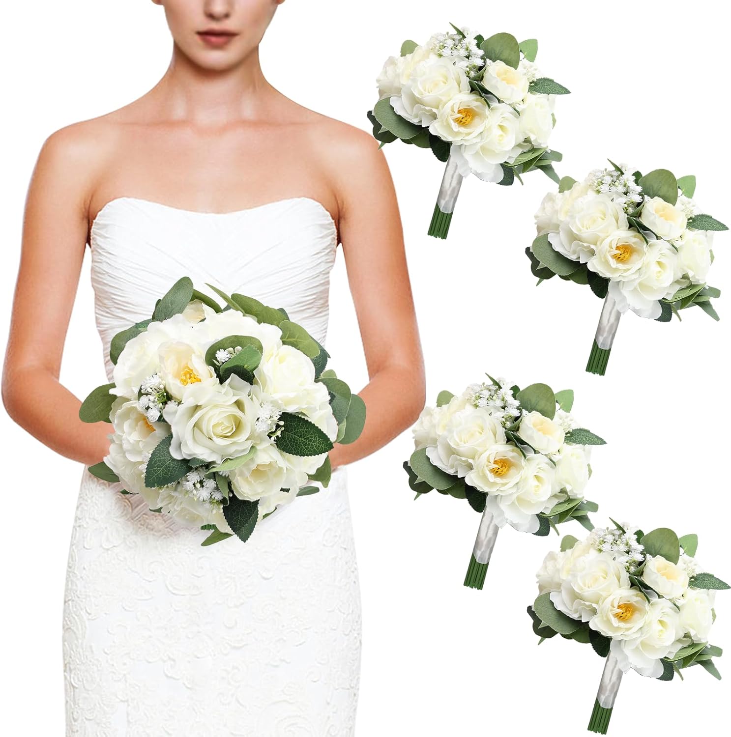 Set of 4 Bridesmaid Bouquets, 11 Inch Artificial Tossing Flower with Ribbons for Wedding Church Ceremony Bridal Shower Event Centerpieces Decorations - White
