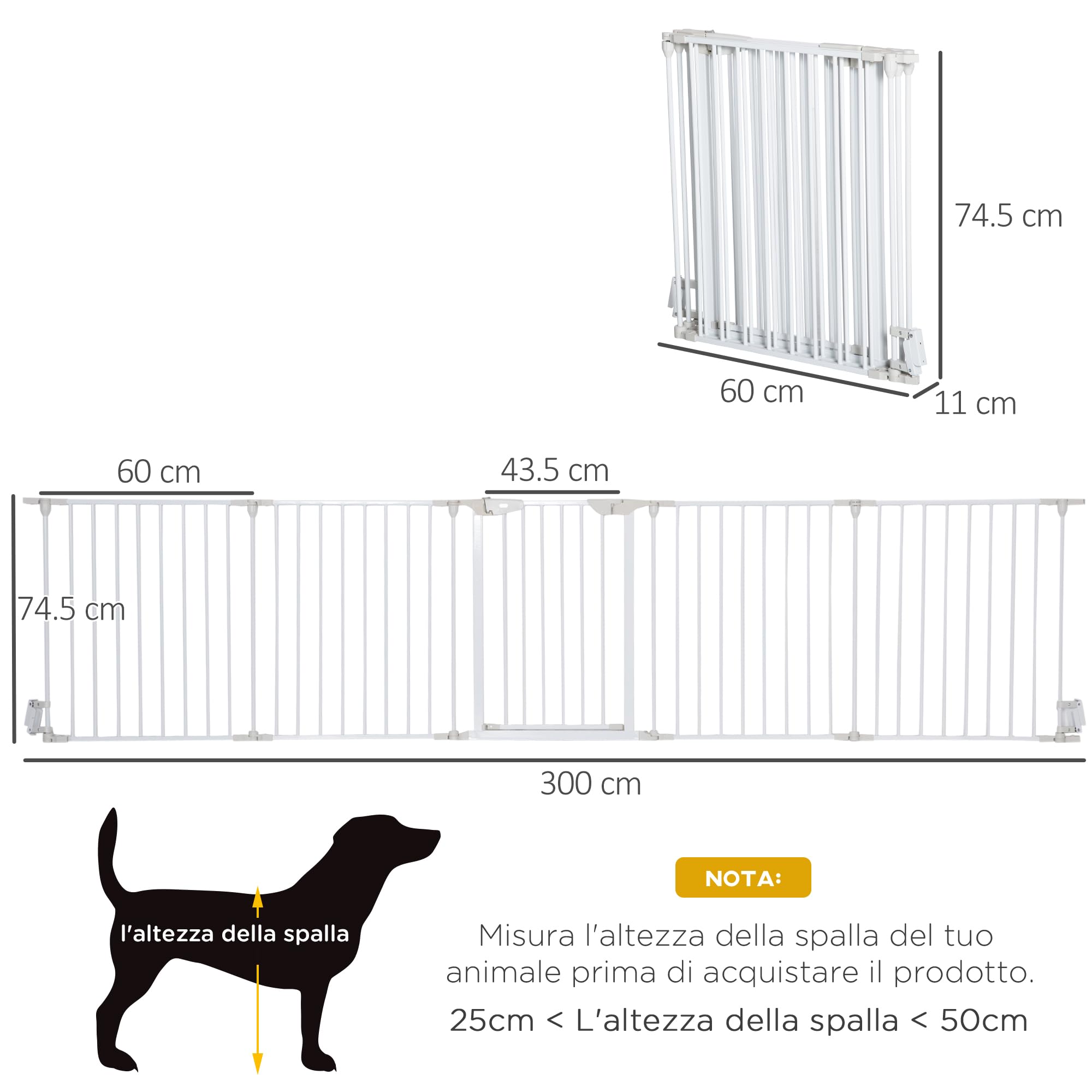 PawHut Recinto Cancelletto per Cani Regolabile Pieghevole Chiusura Automatica Sistema Blocco Metallo Plastica 300x74.5 cm Bianco