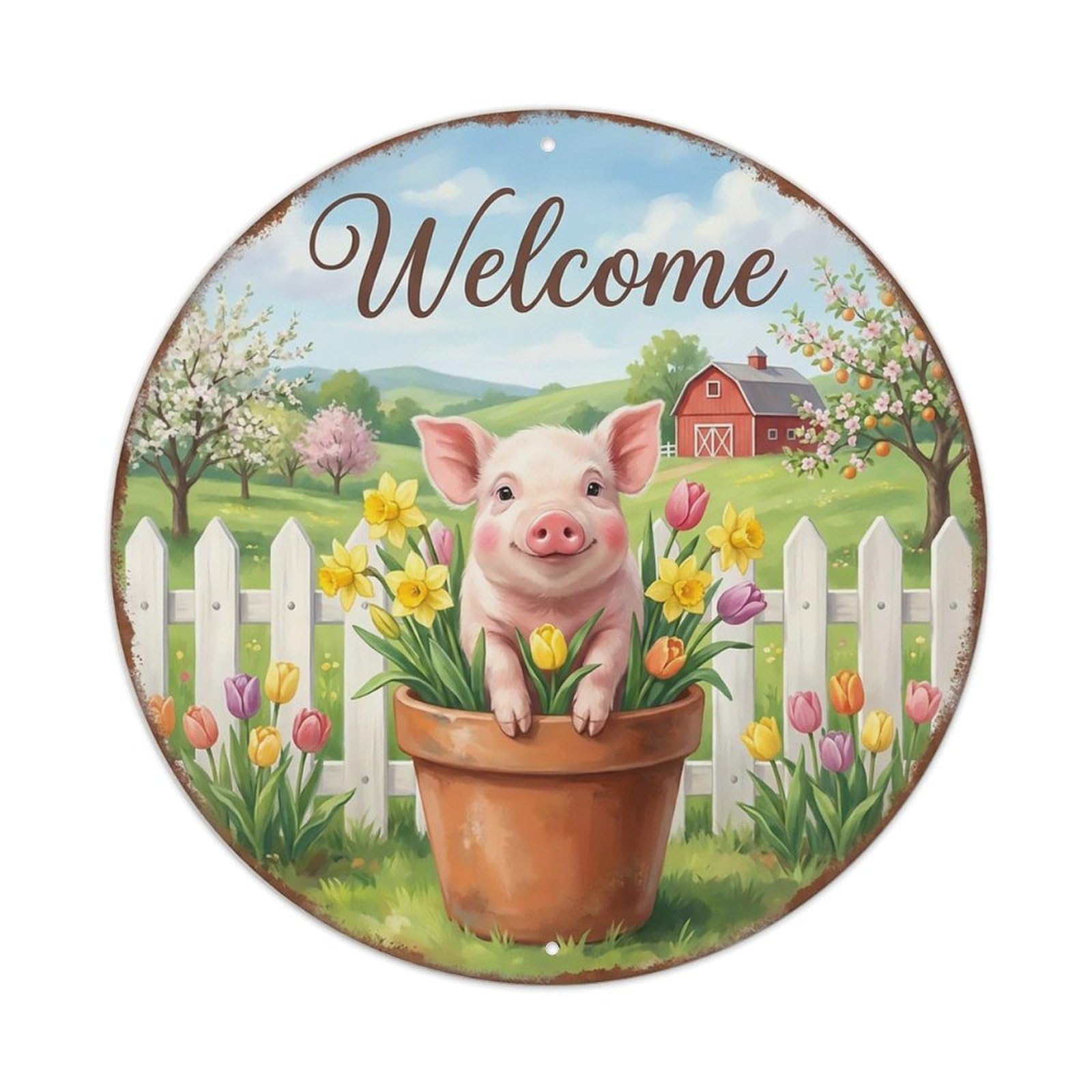 Welcome Piglet Daffodil Farm Metal Tin Sign