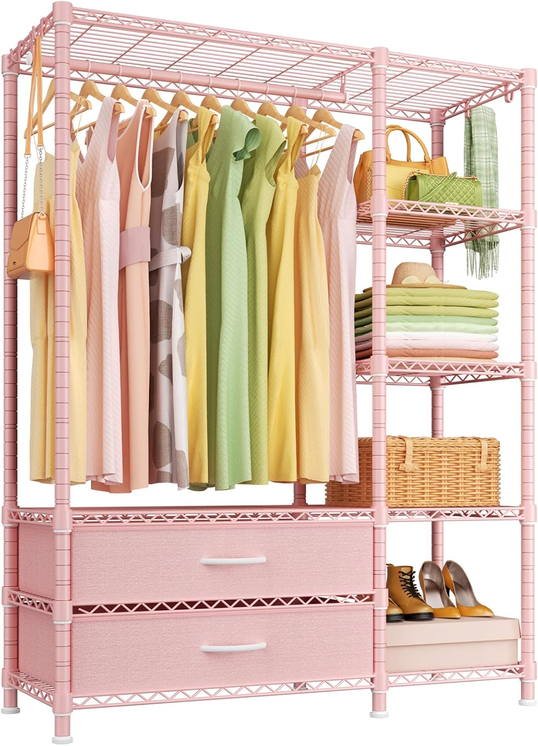 Pink Carbon Steel Portable Clothes Rack with Fabric Drawers