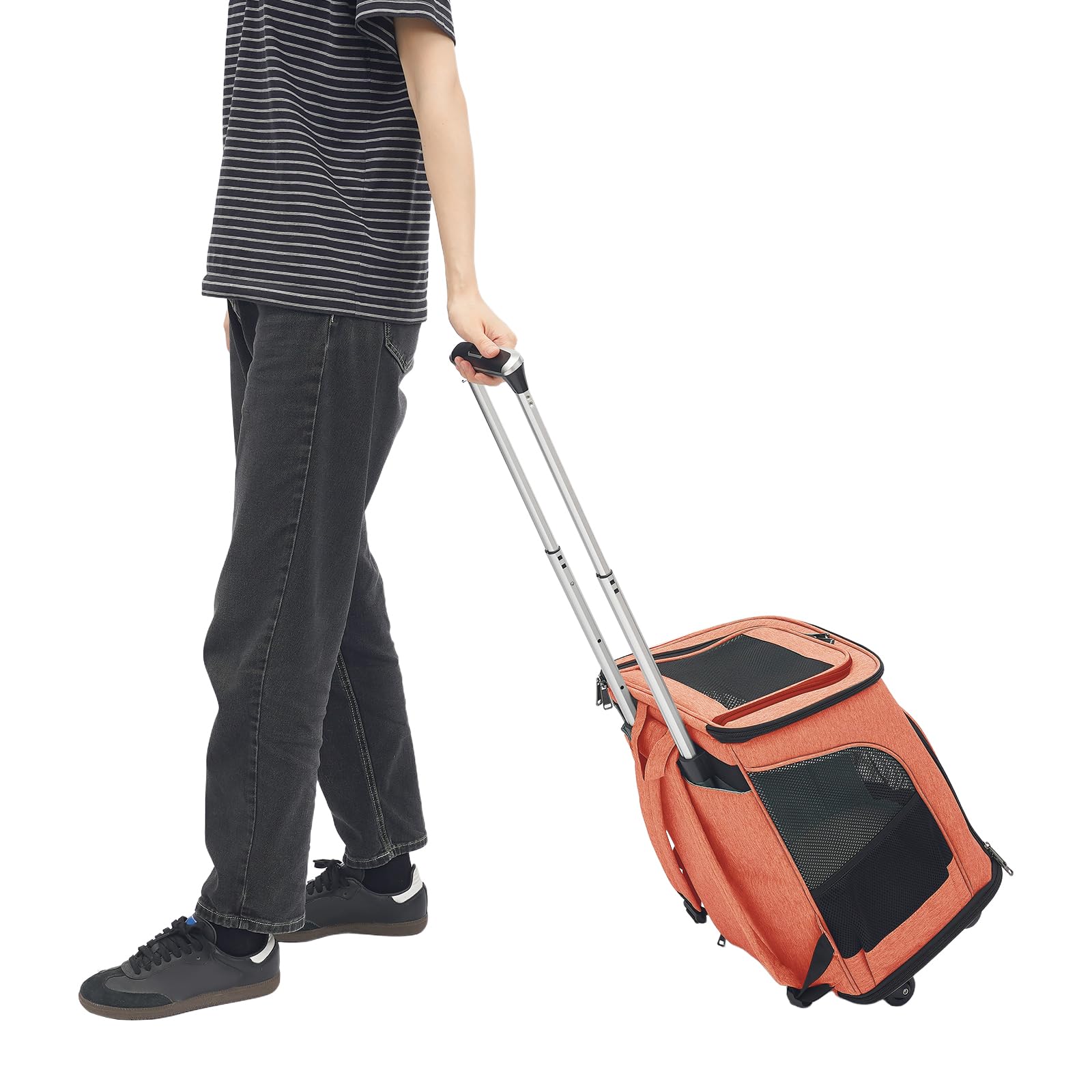 Zaino per animali domestici, pieghevole, con ruote, zaino per cani e gatti con trolley 2 in 1 a 9 kg, traspirante, trasparente per cani e gatti (arancione)