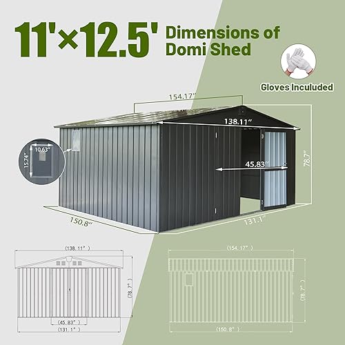 Miniatura 2 de Domi Cobertizo de almacenamiento para exteriores, 11 x 12.5 pies, cobertizos de herramientas de metal con puerta doble con cerradura, cobertizo