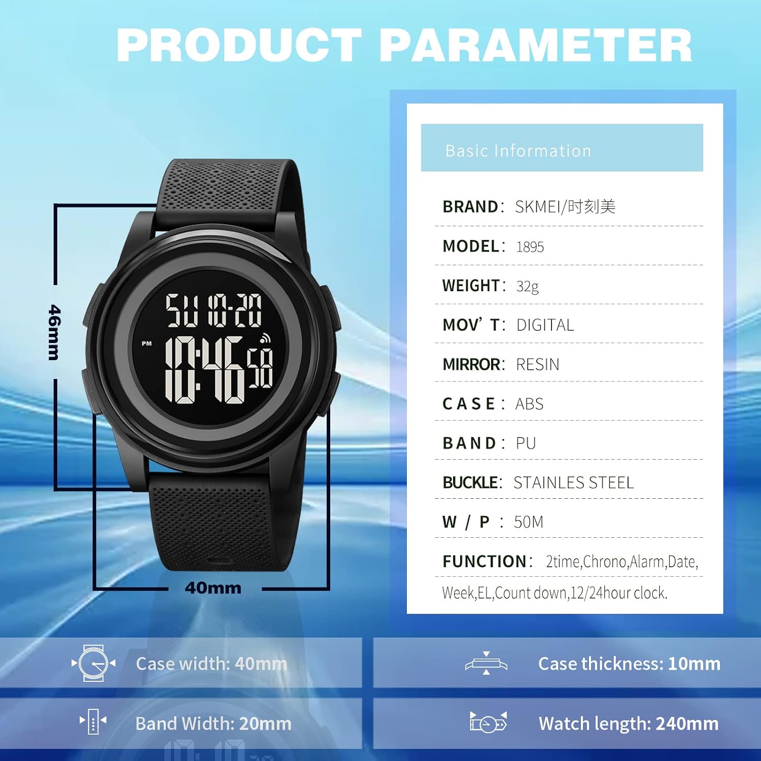 Detailed product parameter diagram for the SKMEI 1895 Digital Sports Watch, showing dimensions, weight, movement type, case material, band material, and functions.