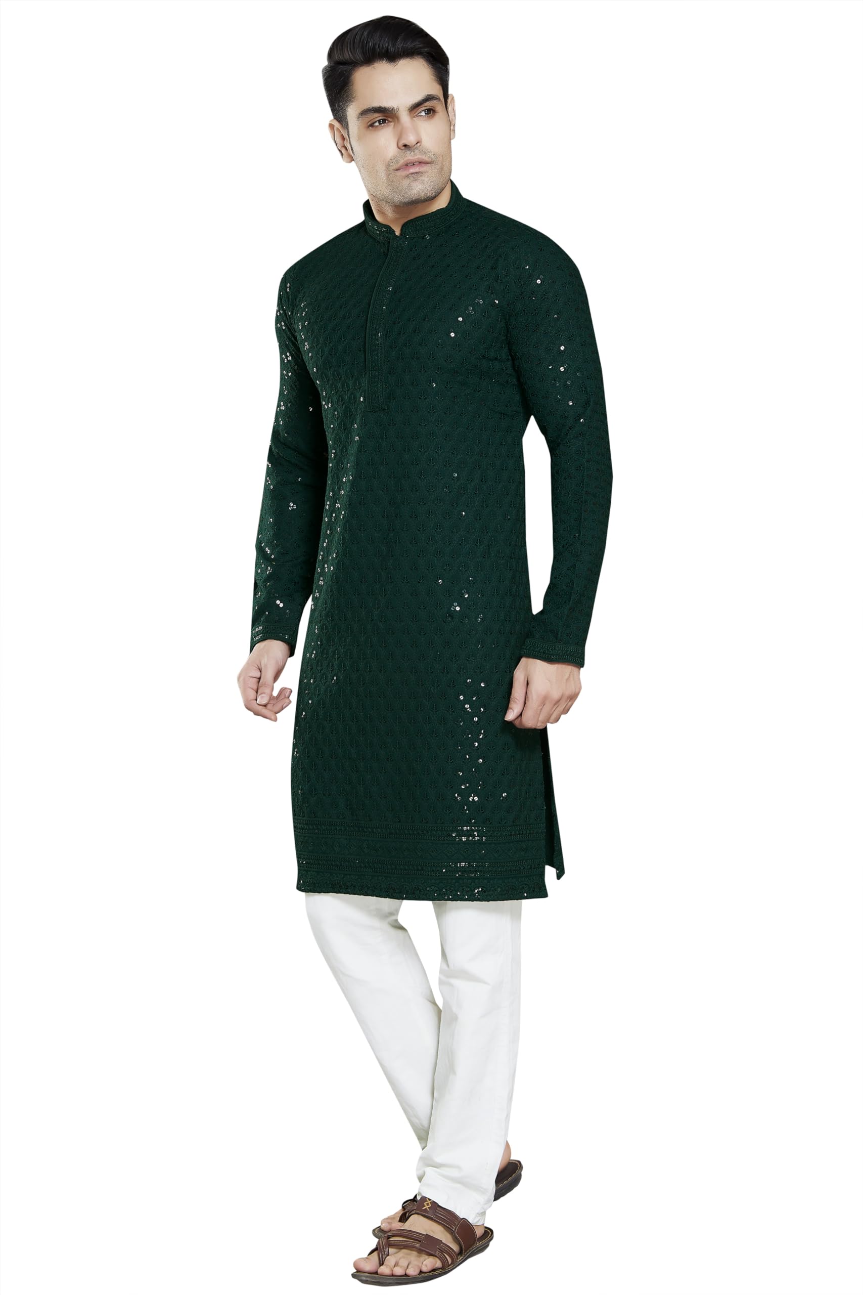 Divisive Men's Sequince Embroidered Cotton Blend Slim Fit Kurta Pyjama Set (Dkrt30_Xxxl_Bottle Green)