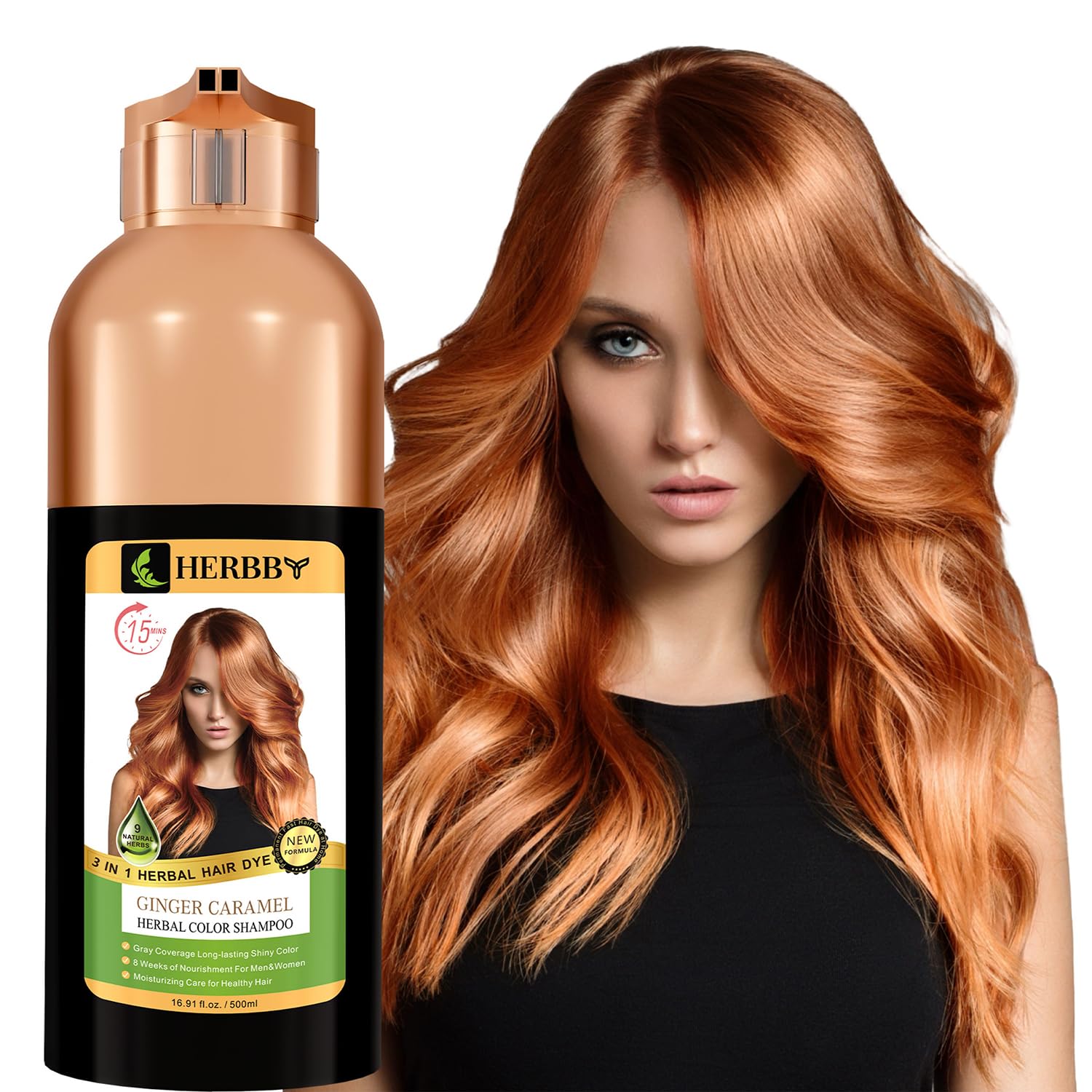 HERBBY Hair Color Shampoo for Gray Hair Coverage&Color Transform with 9 Herbal Extracts –Long Lasting(6-8 Weeks),Shiny,Evenly Colored,Instant Hair Dye Shampoo&Conditioner,500 Ml (GINGER CARAMEL COLOR)