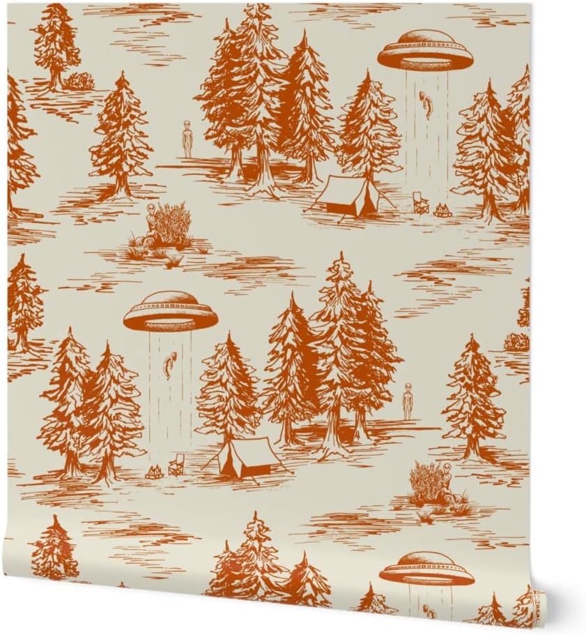 Spoonflower Removable Wallpaper 9ft x 2ft - UFO Alien Abduction Orange Novelty Funny Toile Large Scale Custom Pre-Pasted Wallpaper