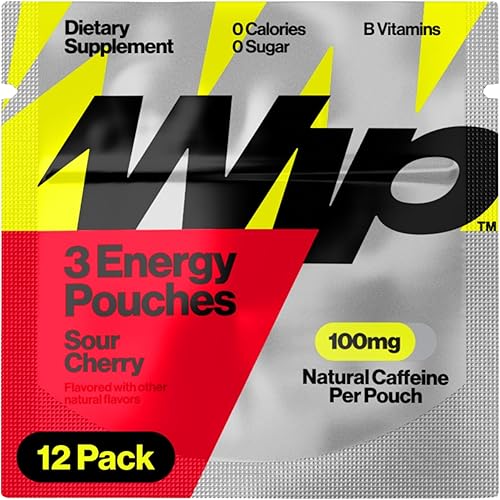 Wip Bolsas de energía, paquetes de viaje, sin azúcar, 100 mg de cafeína natural, vitaminas B, minerales, L-teanina, apoyo energético, cereza agria,