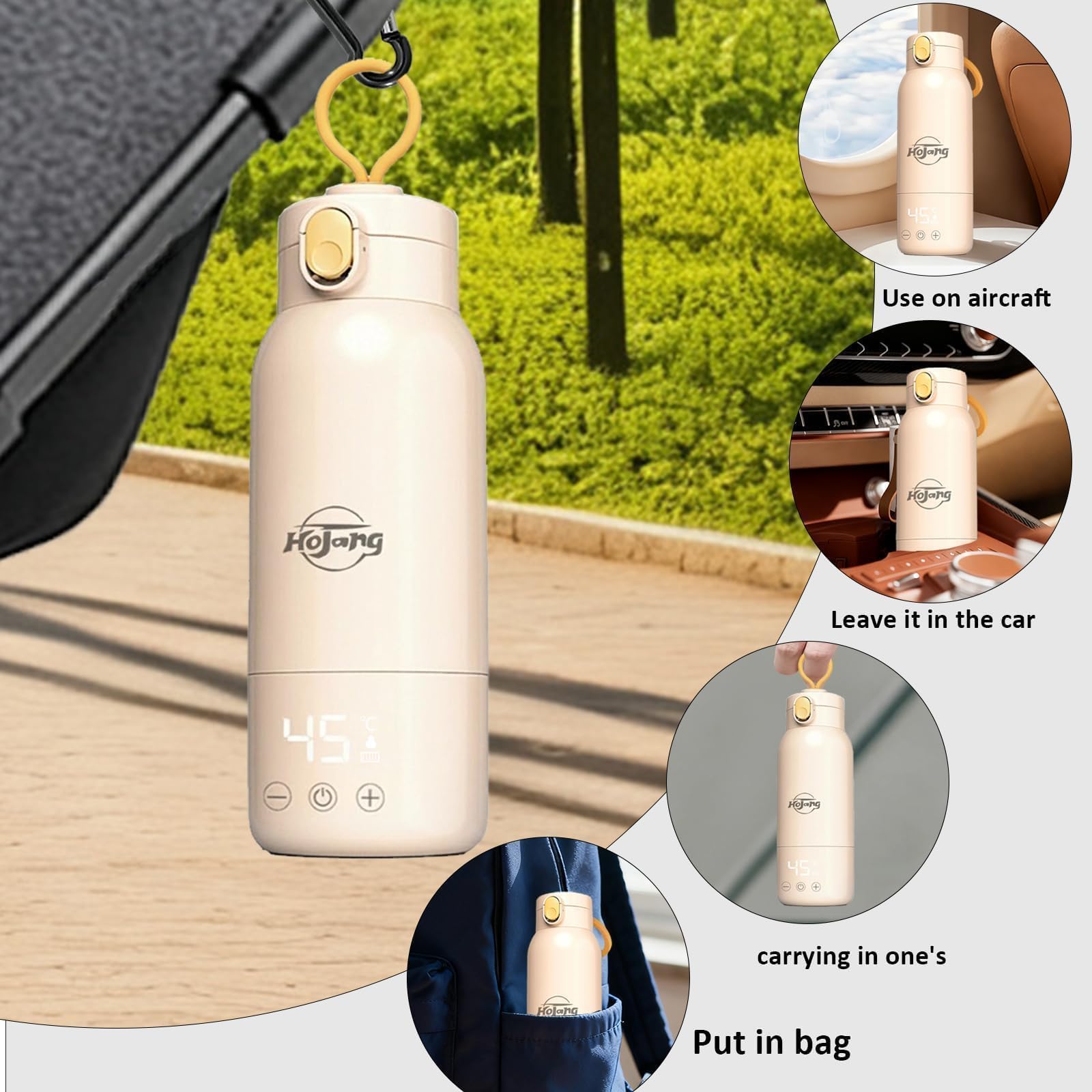 Calentador de Leche Portátil Auto-caliente de 520ml, Calentador de Biberones Ajustable 37–65°C con Calentamiento rápido, 10800mAh para Larga Autonomía, Carga rápida 48W