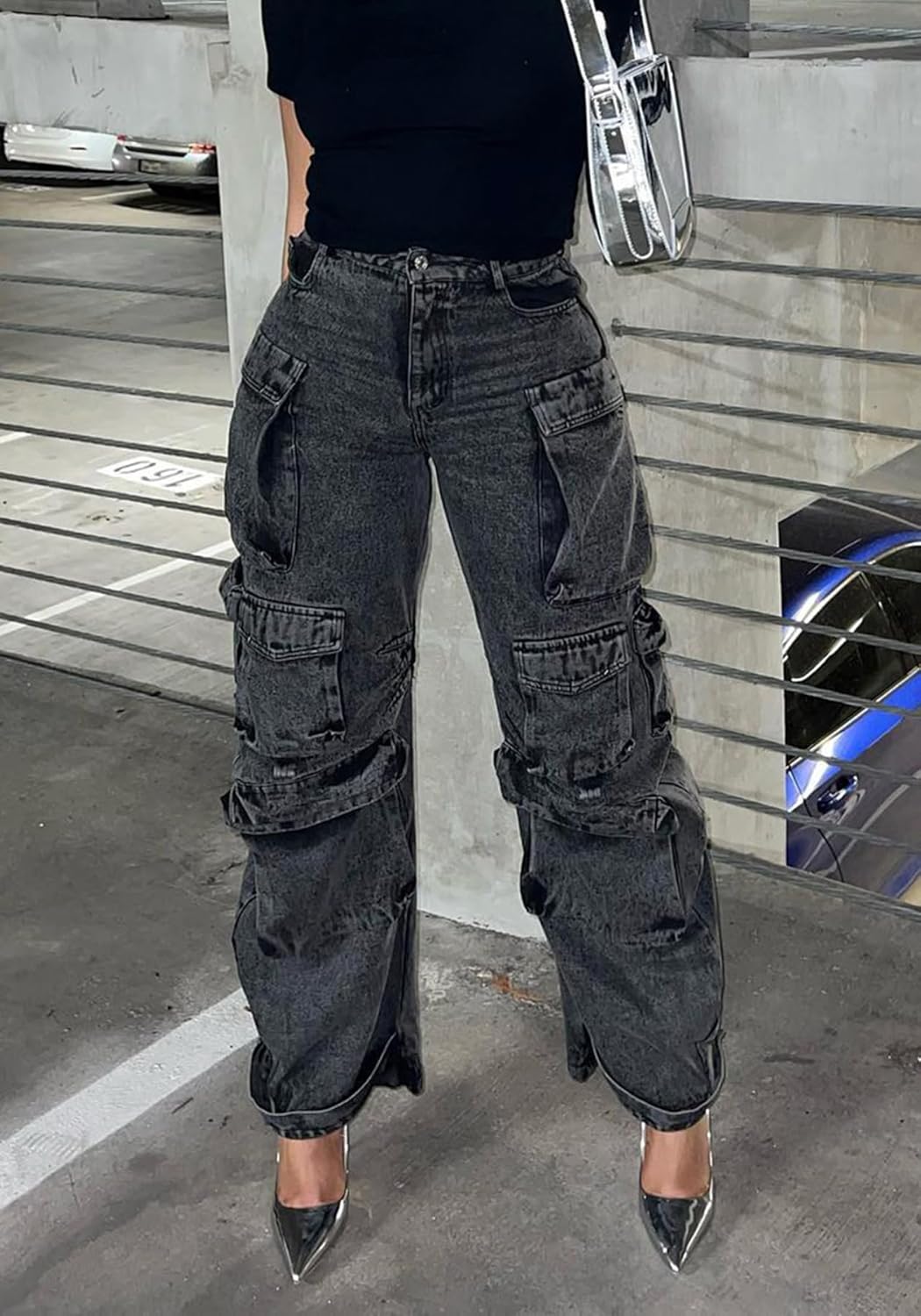 LKOUS Women’s Cargo Baggy Straight Jeans Streetwear Y2K High Waist Wide Leg Denim Pants with Multiple Pockets - Image 6