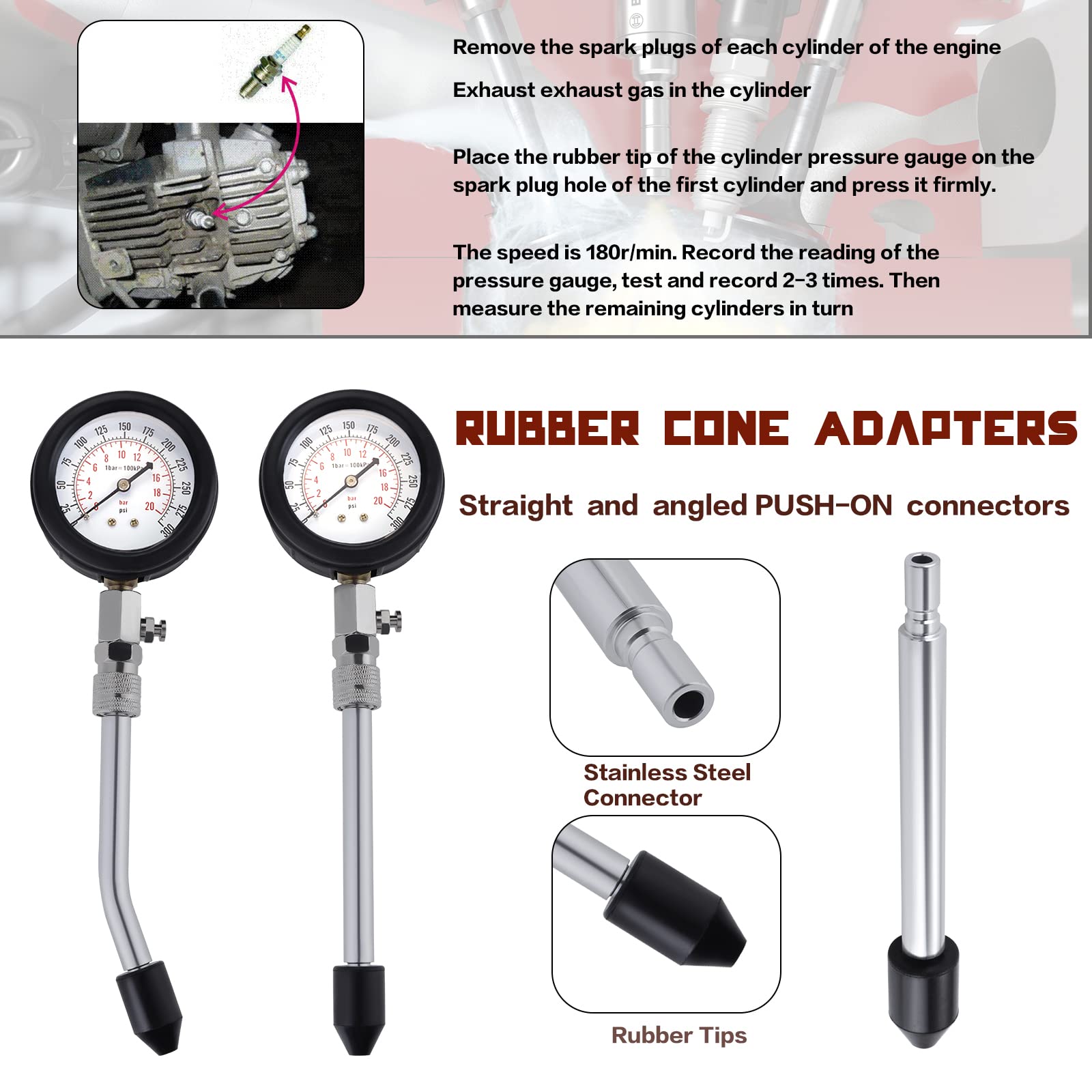 Testeur de Compression de Moteur avec Testeur de Bougie d'allumage, Testeur de Compression de Cylindre, 0-300 PSI / 0-20 Bar avec 4 Adaptateurs (Noir)