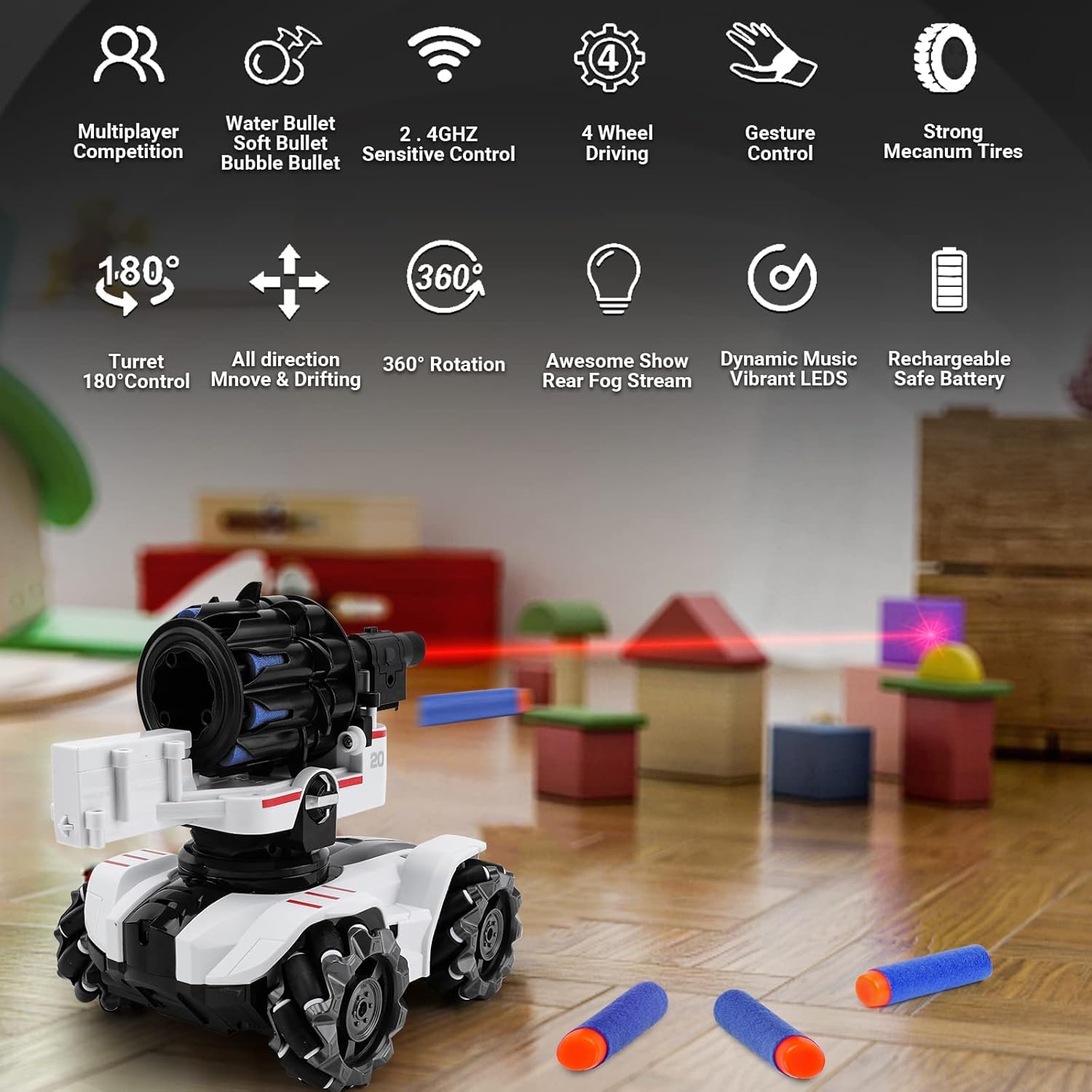 Coche de Control Remoto 2.4GHz 4WD RC Stunt Car 360° Rotación Drifting con Torretas y Dardos