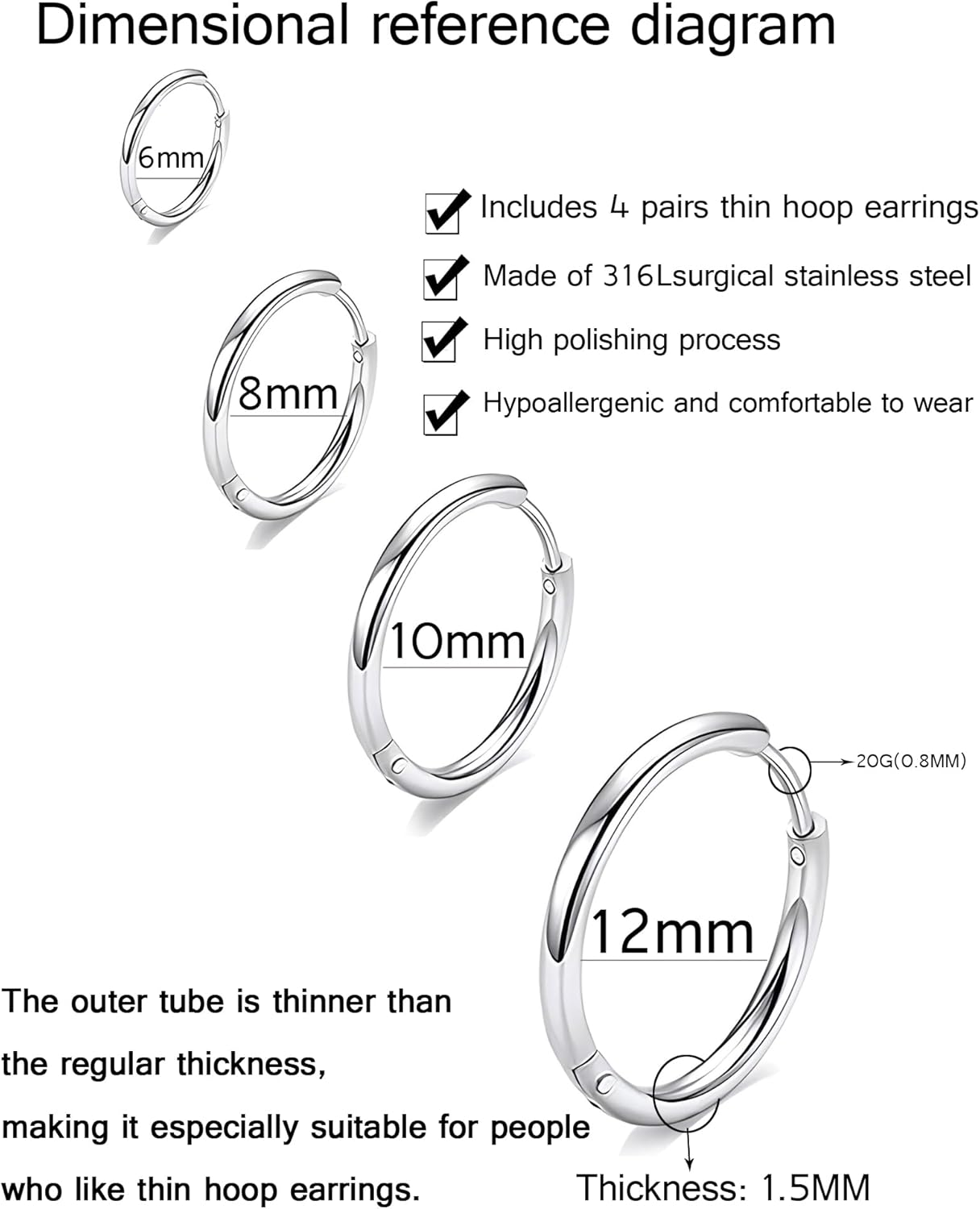 316L Surgical Stainless Steel Huggie Hoop Earrings 6mm 8mm 10mm 11mm 12mm 14mm Hypoallergenic Earrings Hoop Cartilage Helix Lobes Hinged Sleeper Earrings For Men Women - Image 2