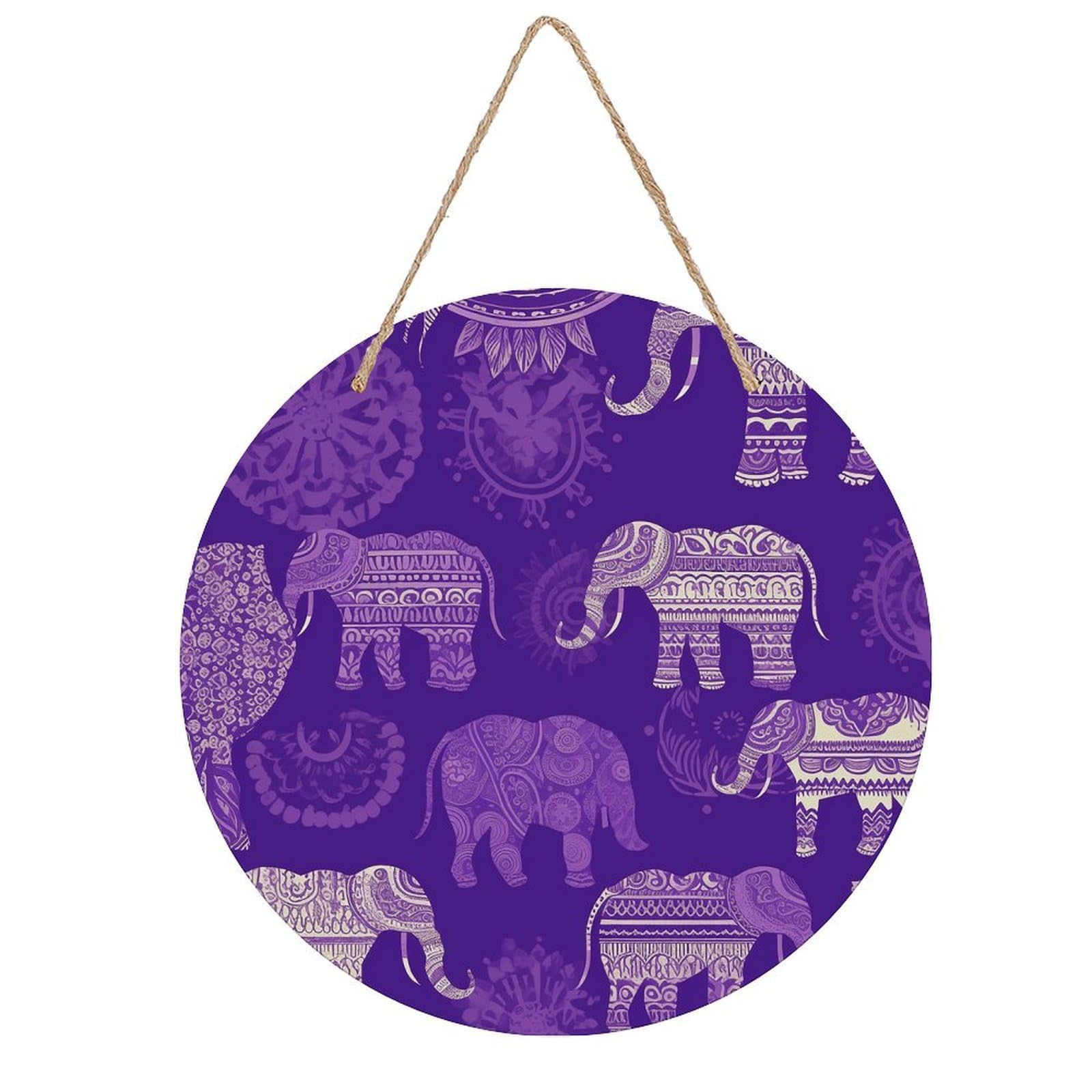VstaDank Purple Elephant Wall Decor Round Wood Hanging Sign 7.9x7.9 in Wooden Circle Door Hanger with Ropes, Rustic Wall Art Decor for Home Front Door Indoor Outdoor Decoration