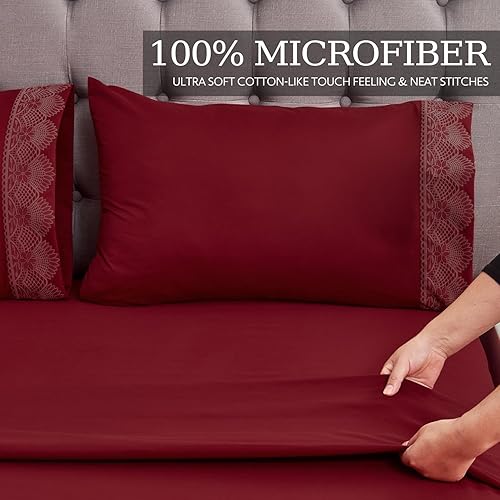 Miniatura 5 de KACEMOO Juego de sábanas de microfibra de bolsillo profundo de 17 pulgadas, color rojo, tamaño matrimonial, súper suave, juego de sábanas de 3