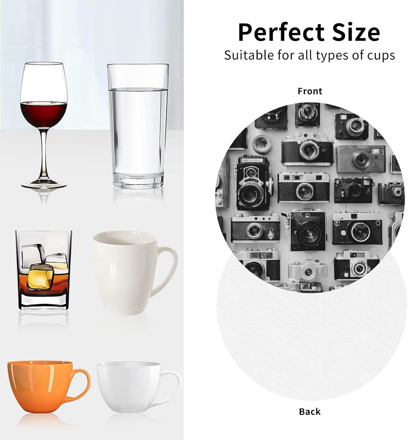 Drink Coaster Set of 6 Leather Coasters Retro Cool Camera Coasters for Drinks Round PU Beverage Cup Mat Heat Resistant Cup Mat for Coffee Table Home Decor Tabletop Protection Mats image 4