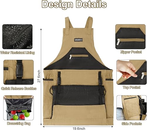 Miniatura 3 de Delantal de jardín, delantales de cosecha con bolsillos para mujeres y hombres, cinturón de herramientas de jardinería de lona, regalos de