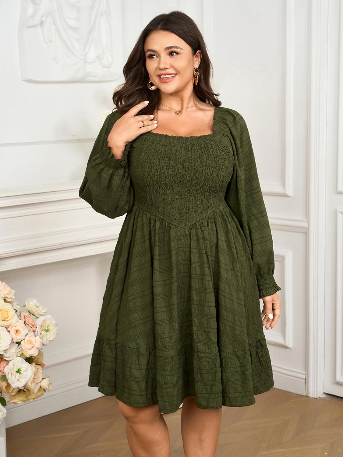 Womens Plus Size Dress Fall Casual Puff Long Sleeve Square Neck Empire Waist Tiered A-line Mini Short Dress - Image 2