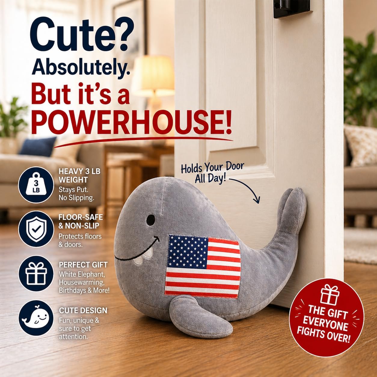 Funny Whale Door Stopper – 3 lb Weighted Plush Doorstop that Actually Works, Non-Slip & Floor Safe, Cute Home Accent, Viral White Elephant Gift Everyone Fights Over