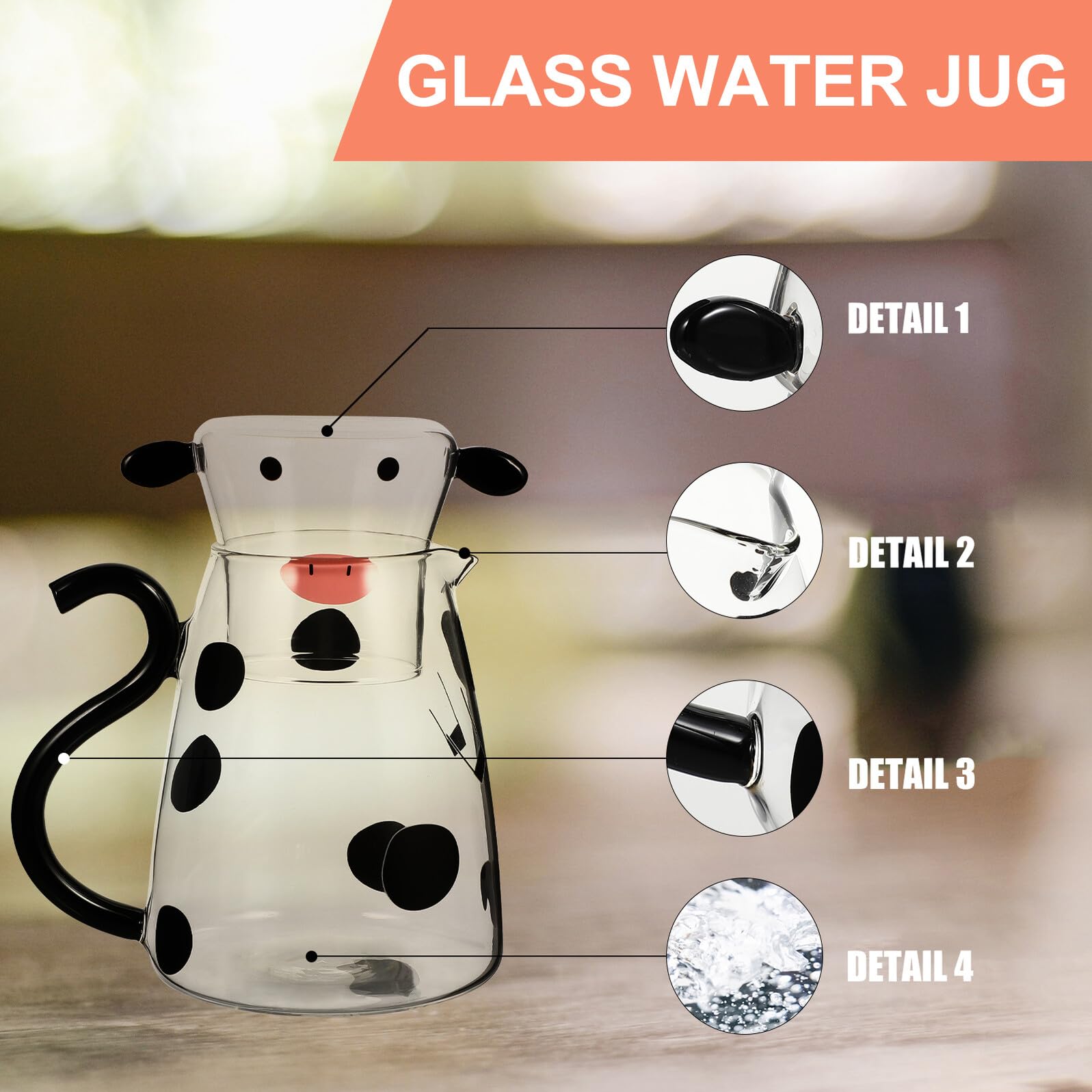 Ciieeo Caraffa per Acqua Fredda in Vetro Bottiglia per Acqua in Vetro Brocca per Succo Tazza Design Forma di Mucca Resistente al Calore per Uso Quotidiano