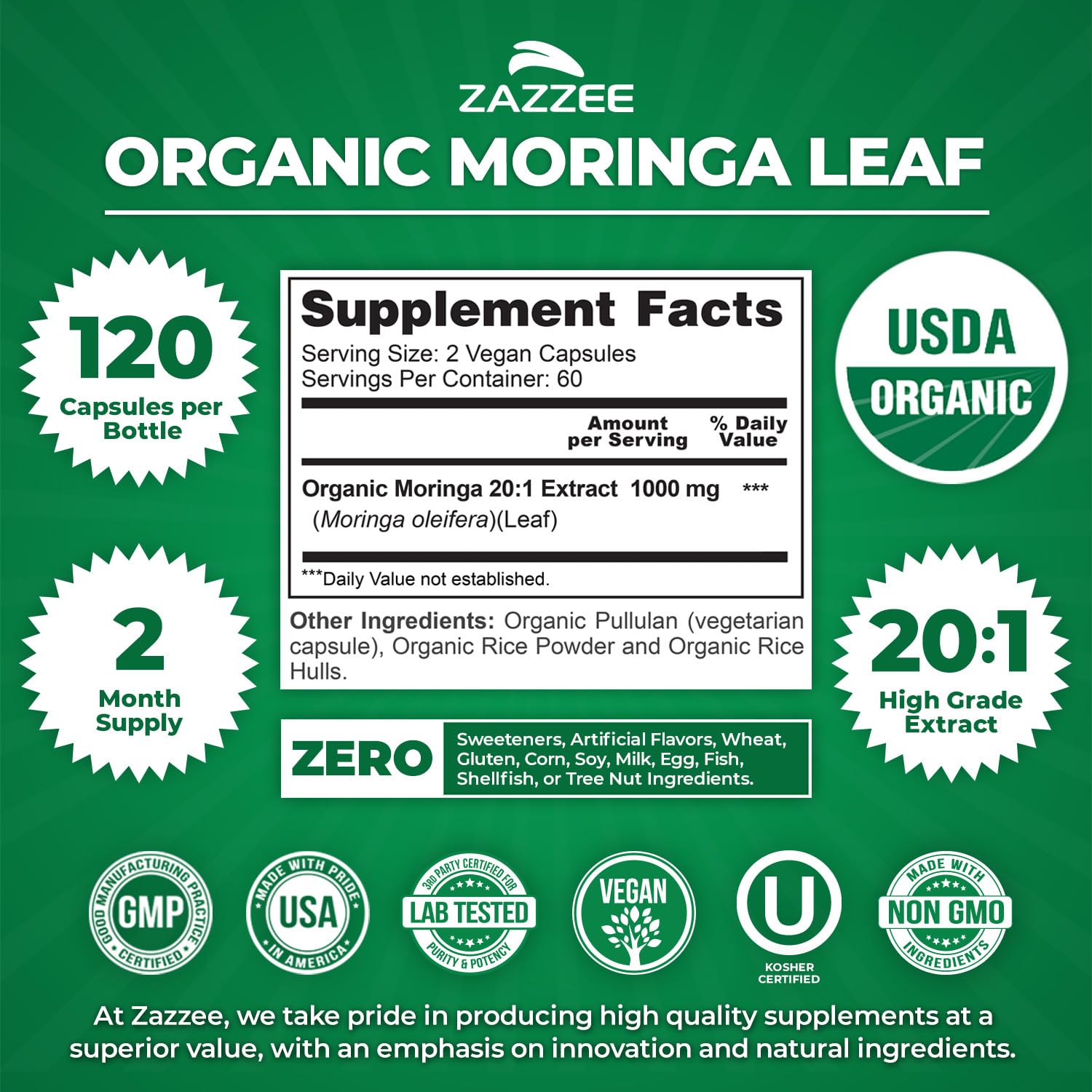 Zazzee USDA Organic Moringa Leaf 20:1 Extract, 120 Vegan Capsules — Amazon image 3