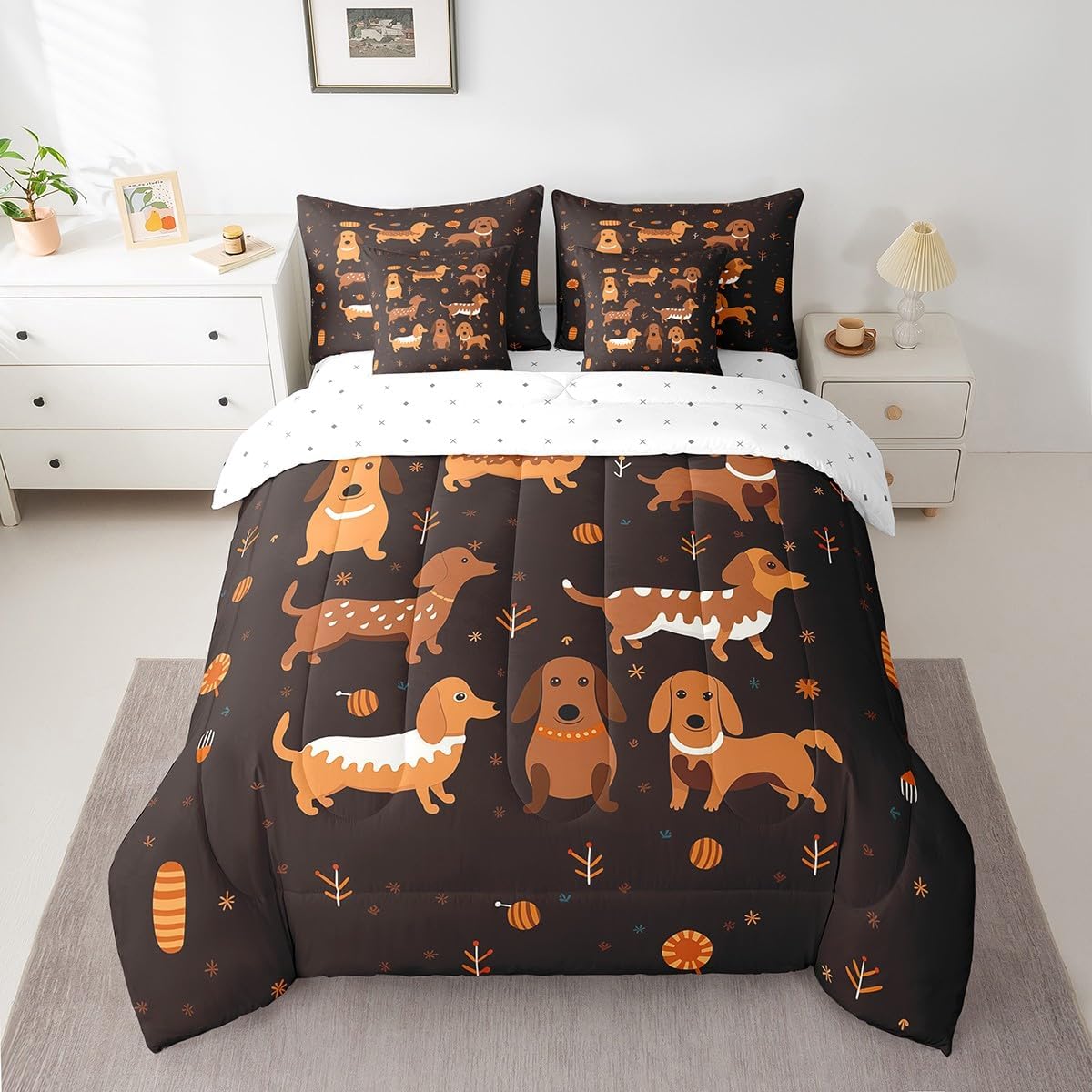 Feelyou Cute Sausage Dog Print Bed in a Bag Cartoon Dachshund Comforter Set with Sheets 7 Piece Bedding Set King Size Kawaii Dog Reversible Bed Set