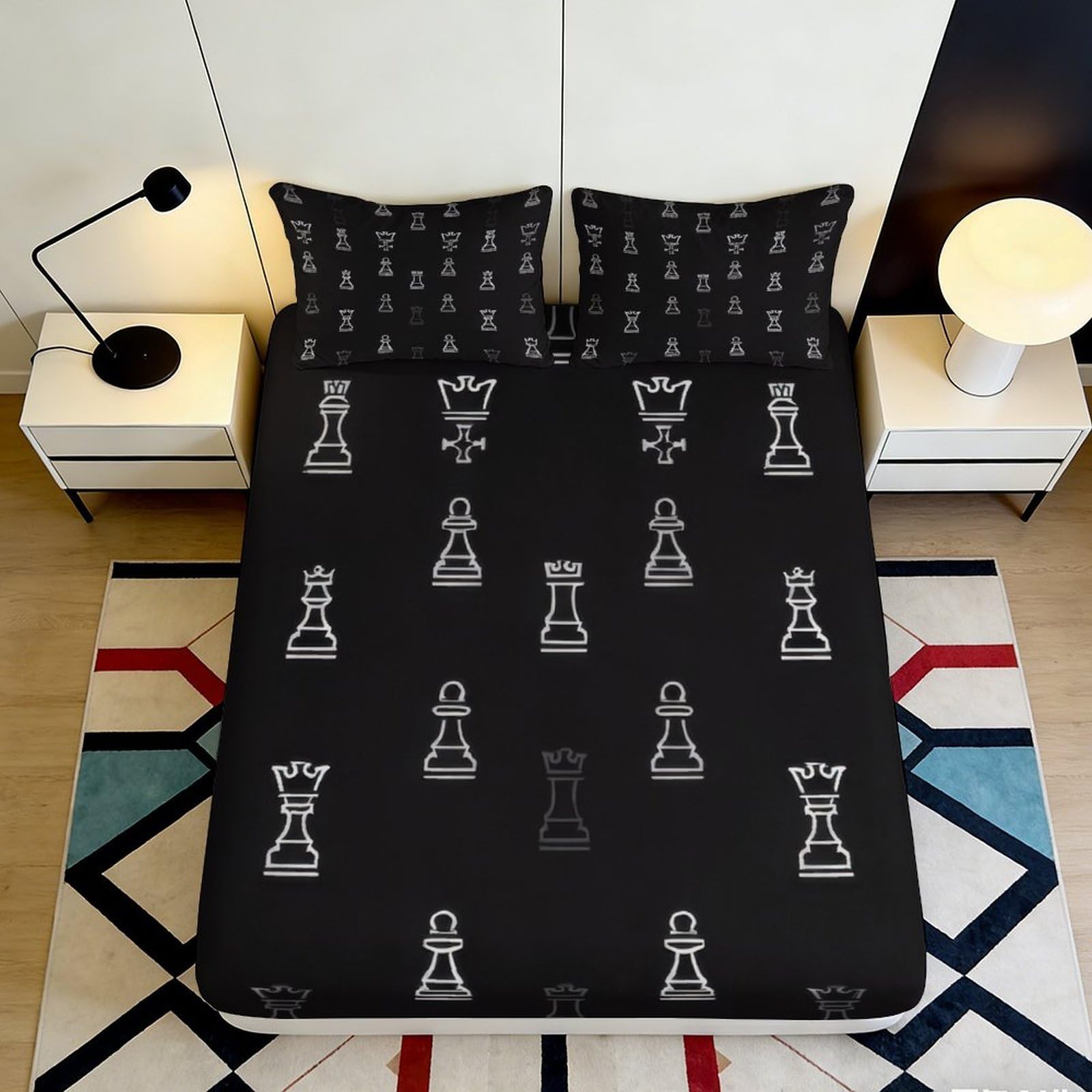 3D Printed Chess Pattern Fitted Sheet Microfiber Elastic Hem Bedroom Bedding Chess Mattress Fitted Cover Deep Pocket Non-Slip Washable 140x200x25cm
