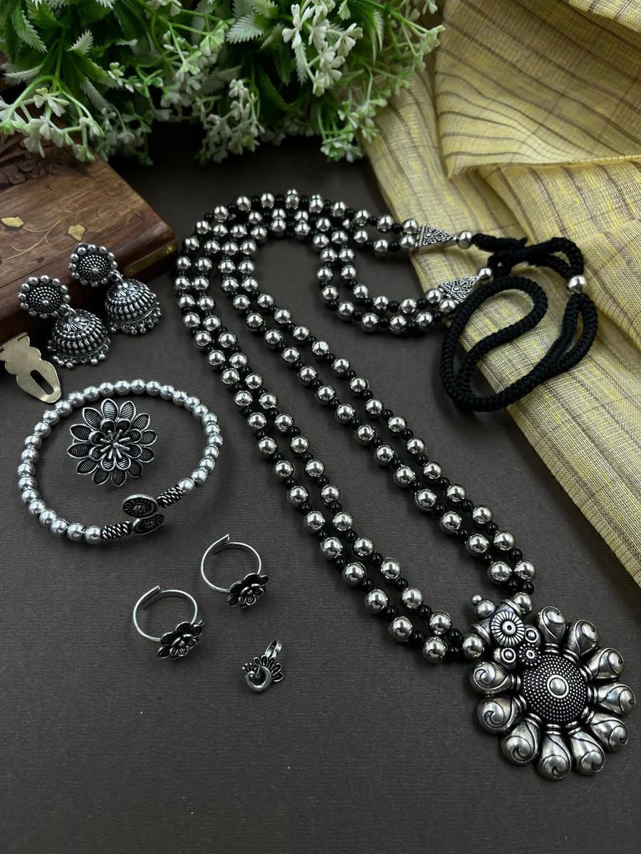 Oxidized Jewelry Combo – Tribal Boho Necklace Set with Black Beads, Jhumka Earrings, Cuff Bracelet & Accessories | Lightweight Ethnic Wear-image-19