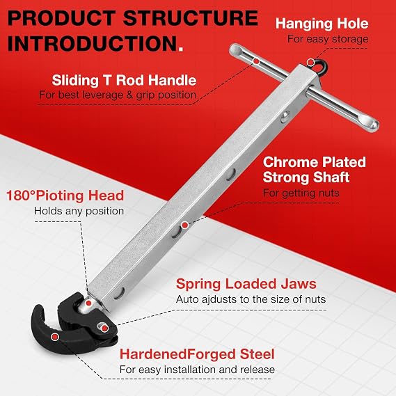 Shall Telescoping Basin Wrench, Adjustable Sink Wrench with 10'' to 17'' Extendable Handle, Full Polished Tap Nut Spanner with 3/8'' to 1-1/4''(10-32 mm) Jaw Capacity for Hard to Reach Spaces