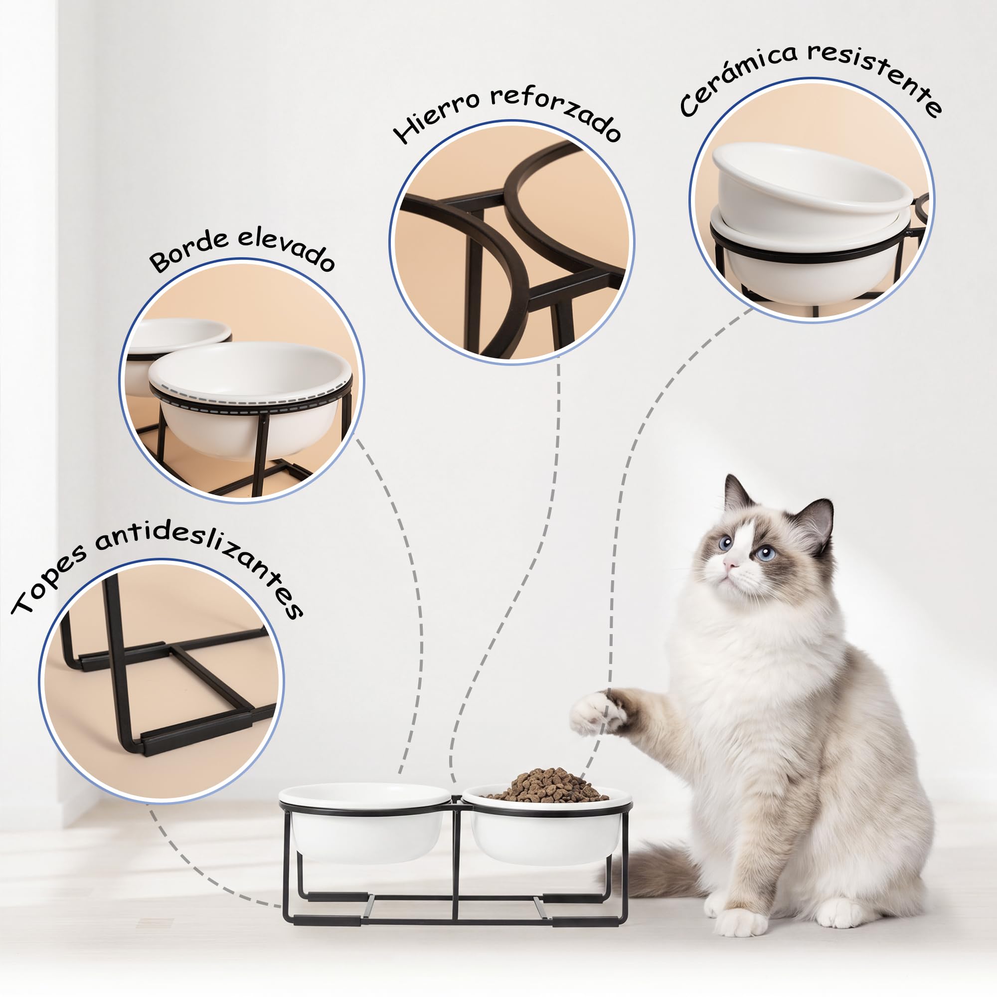 Comedero Perro Elevado de Cerámica - Juego de Cuenco Perro con Soporte de Metal Antideslizante - Comedero y Bebedero Perro - Platos para Perros - Bol Doble para Cachorros y Gatos - 2 x 375 ml - Blanca
