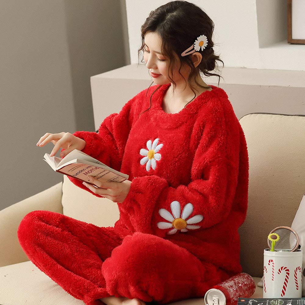 Pyjama Femme Hiver，Polaire Pyjama Hiver Chaud Rouge Velours Impression Pyjama Ensembles Filles Maison Flanelle Vêtements De Nuit Mode Doux en Peluche Vêtements De Nuit