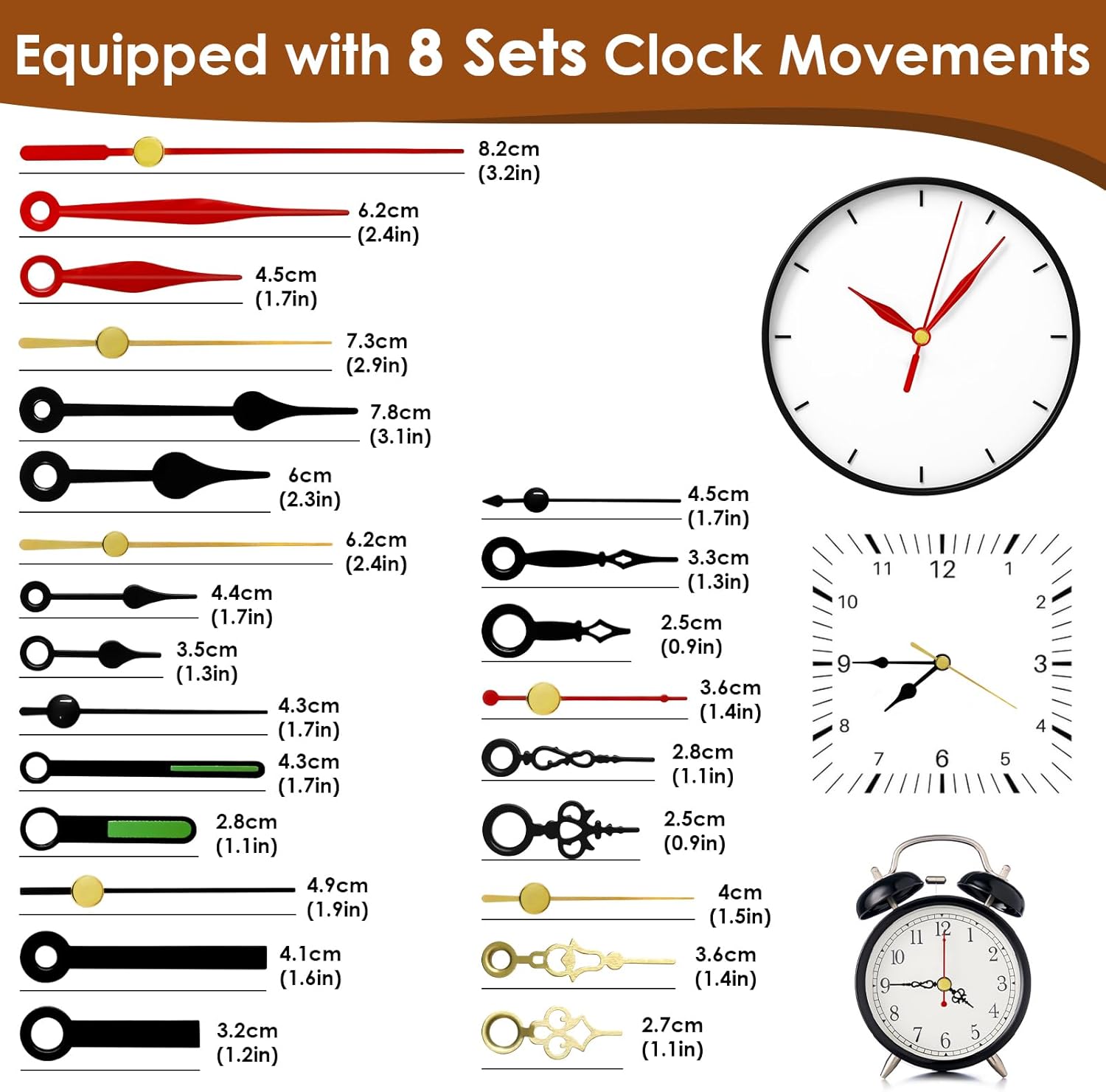 3PCS Clock Mechanism Kit, Quartz Clock Movement Replacement with 8 Pairs of Short Clock Hands, Battery Clock Replacement Mechanism Include Clock Hands DIY Repair Parts (Total Shaft Length 16/20/23mm)