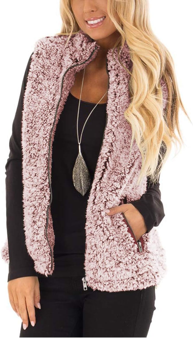 MEROKEETY Women’s 2024 Winter Casual Sherpa Fleece Lightweight Fall Warm Zipper Vest with Pockets