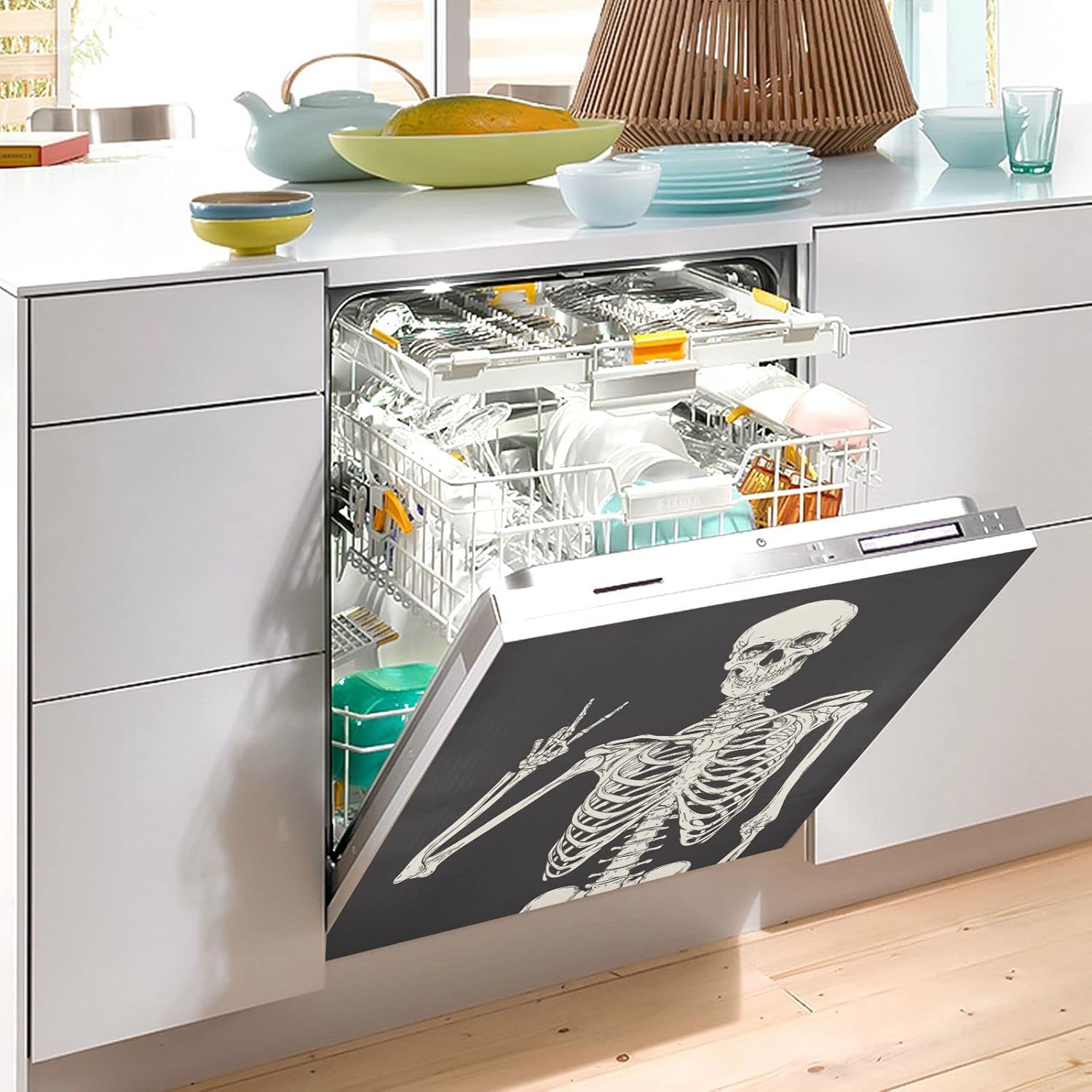Human Skeleton Dishwasher Magnet Cover, Halloween Dishwasher Magnetic Stickers Panel Decal for Home Kitchen Decorative Fridge Wash Machine 23" W x 26" H