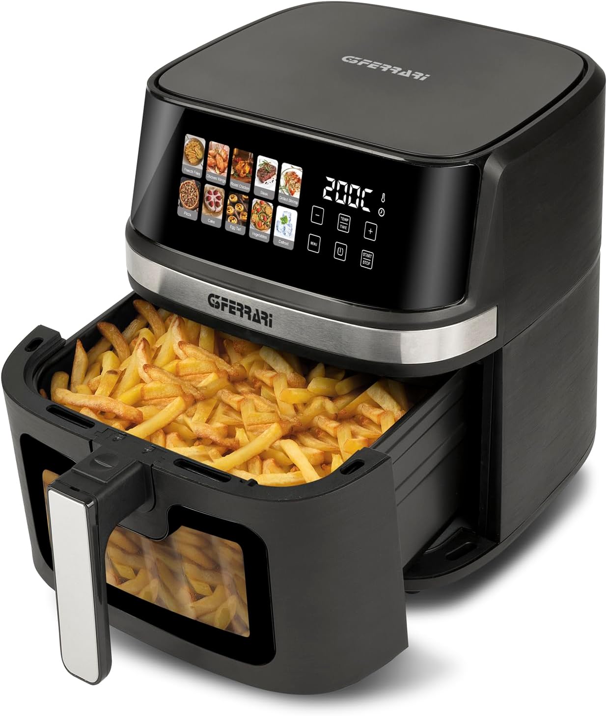 G3 Ferrari G10212 Friggisano 8L Air Fryer with the cooking basket pulled out, filled with french fries.