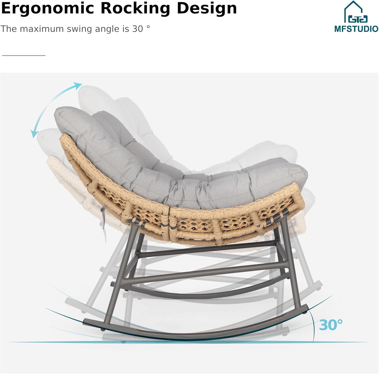 MFSTUDIO Outdoor Papasan Rocking Chair with Ottoman, Wicker Rattan Egg Papasan Rocking Chair, Oversized Egg Shaped Patio Chair, Outdoor Lounge Rocker Chairs for Patio, Balcony, Porch and Indoor