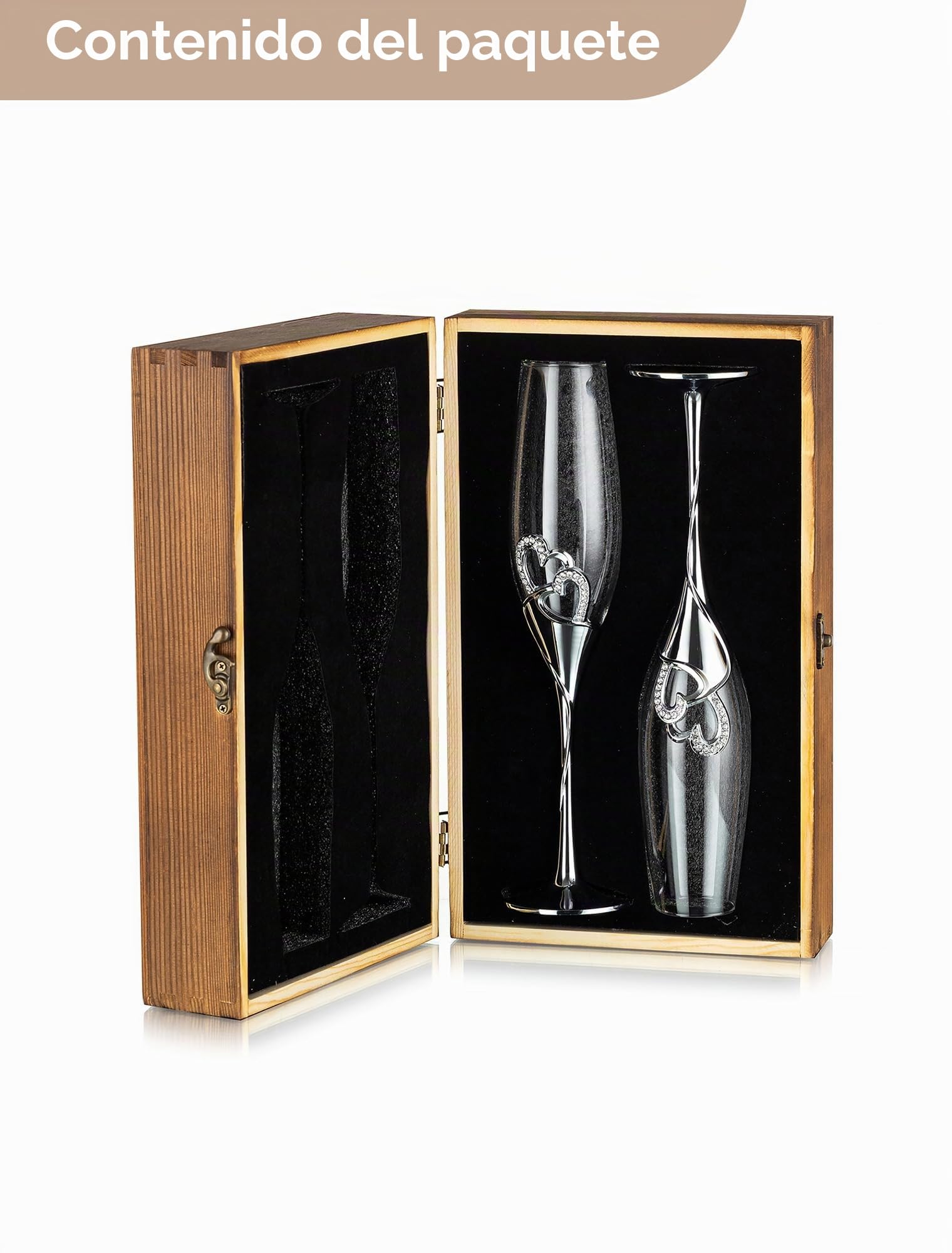 Nuptio Copas champán personalizadas para bodas: con Caja Regalo Madera, Juego De 2 Copas Prosecco Cristal, Regalo de plata de Compromiso, Brindis, Aniversario y Fiesta Despedidas De Soltera