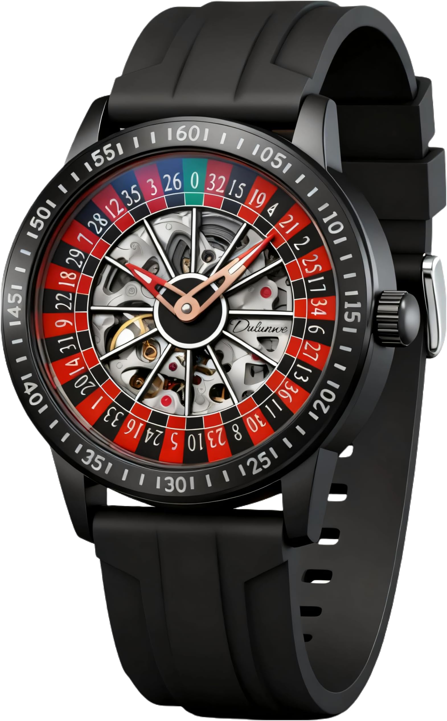 Roulette Wheel Automatic Watch for Men Rotating Dial Design Hollow Waterproof Men Unique Style Mechanical Wrist Watch, Black, Strap