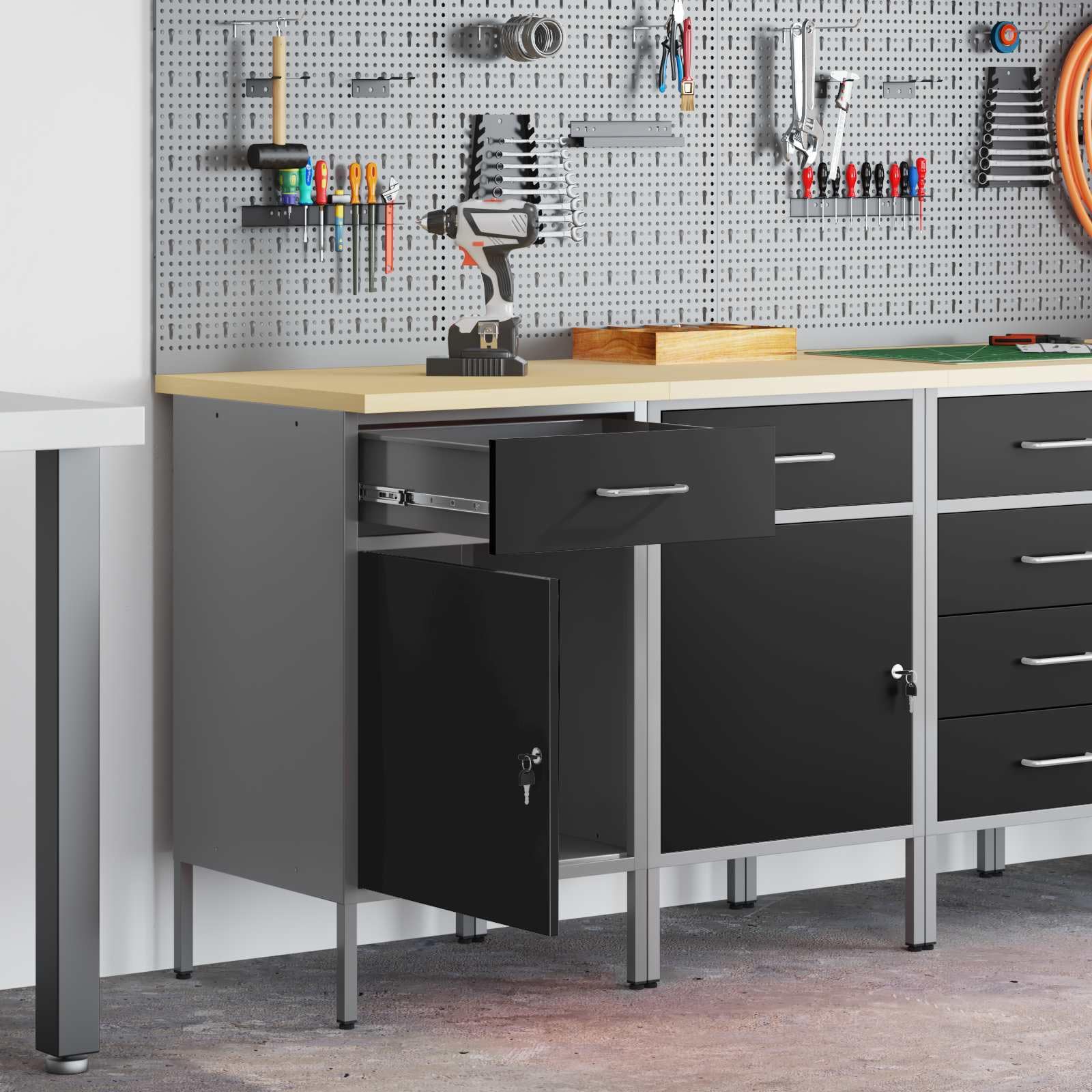 Banco de trabajo con cajones, 2 unidades, color negro y gris, 100 x 55 x 85 cm, armario de taller de madera y acero, almacenamiento de herramientas con sistema de organización, organizador