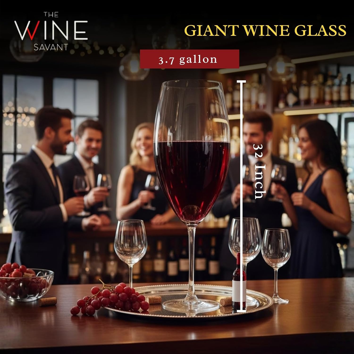 Worlds Largest Giant Wine Glass - Huge 32 Inches, 3.7 Gallons, Mega Pint, Huge Stemware, Clear Decorative Hand Blown Glassware, Large Novelty Stemware/Champagne Magnum Chiller, Oversized XL Goblet